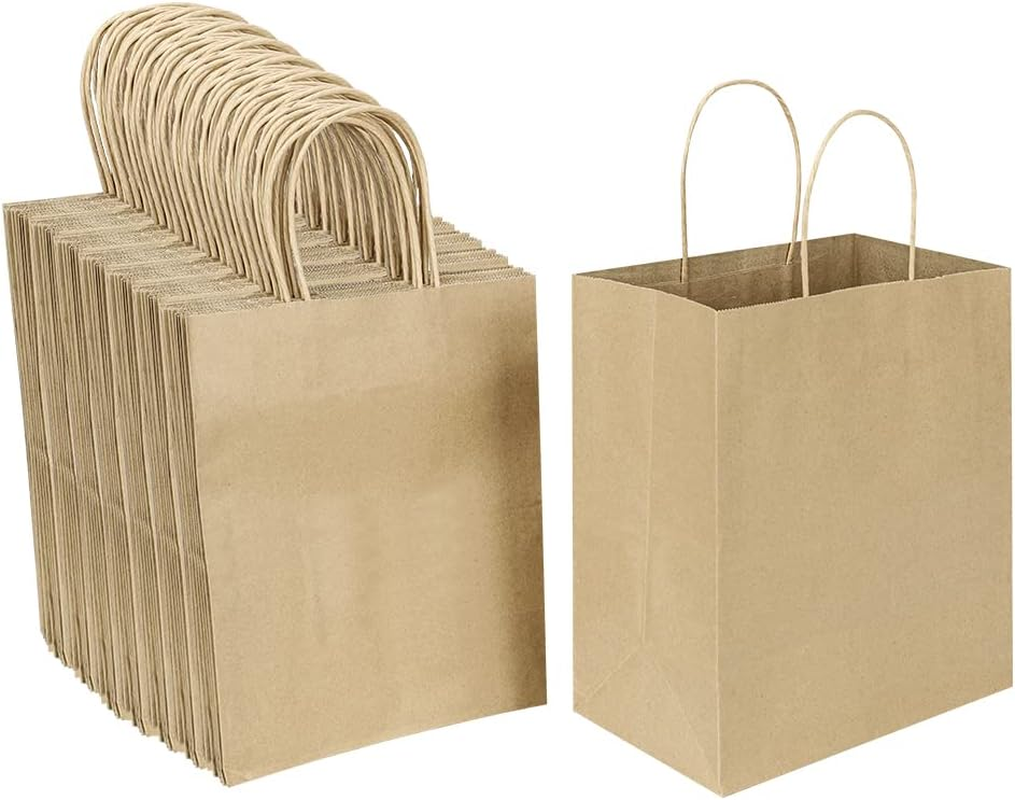 Oikss 100 Pack 8X4.75X10 Inch Medium Plain Natural Paper Bags with Handles Bulk, Kraft Bags for Birthday Party Favors Grocery Retail Shopping Business Goody Gift Bags Sacks (Brown 100 PCS Count)