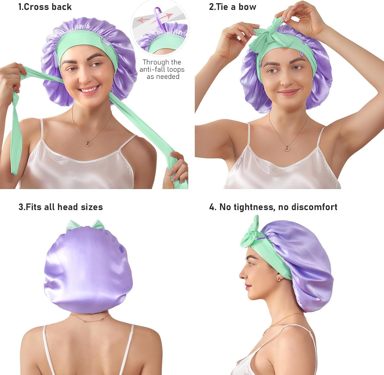 Litbear 100% Mulberry Silk Bonnet for Sleeping Women, 6A 22 Momme, Large Double-Layer Silk Hair Wrap with Tie Band, Non-Slip Turban - Purple image number 4