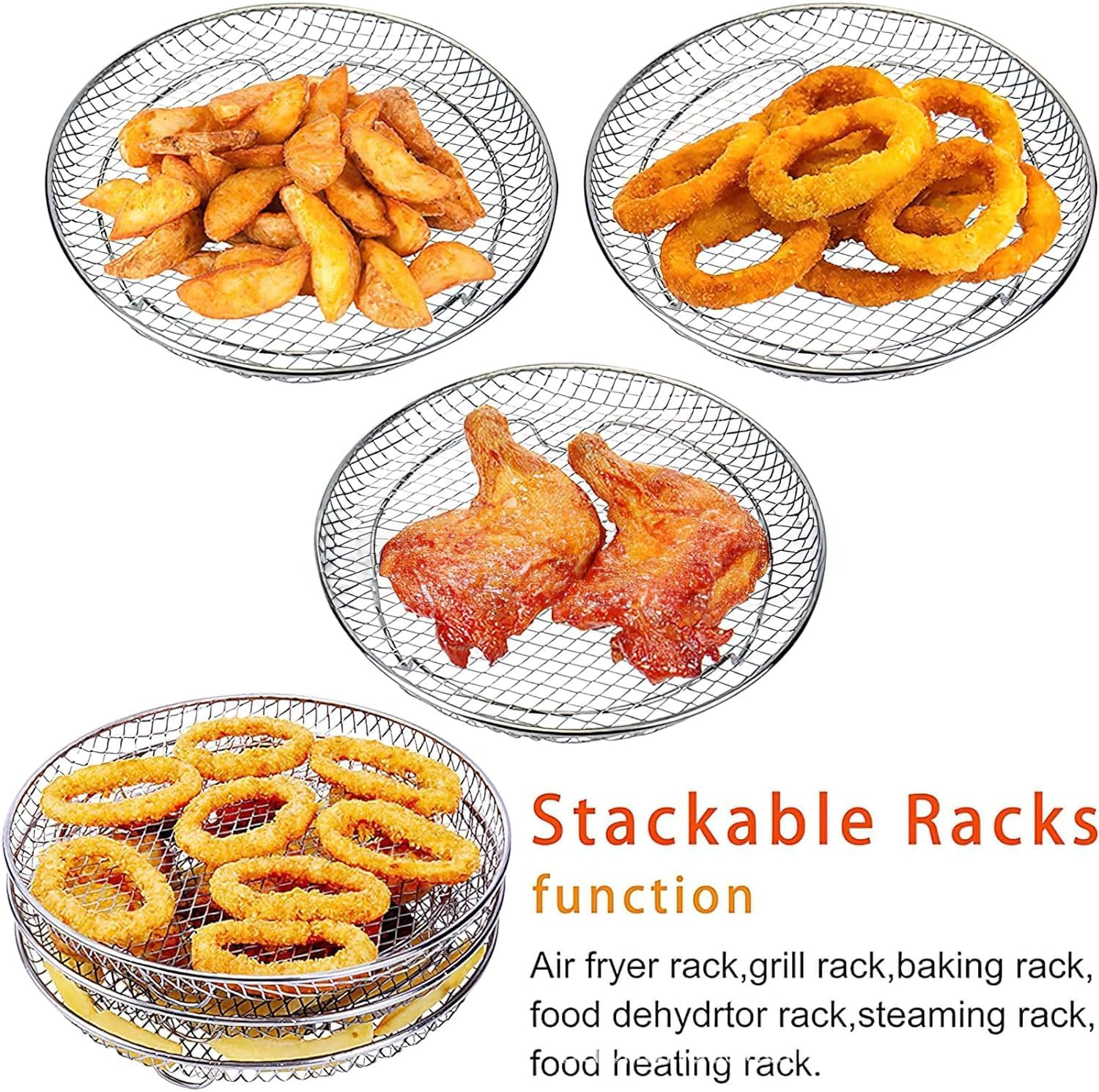 Air Fryer Rack, 3PCS Stackable Stainless Steel Dehydrator Rack, Air Fryer Basket Tray Compatible with Double Air Fryer, Ninja Dual Air Fryer Accessories (Round) - Rectangle image number 3