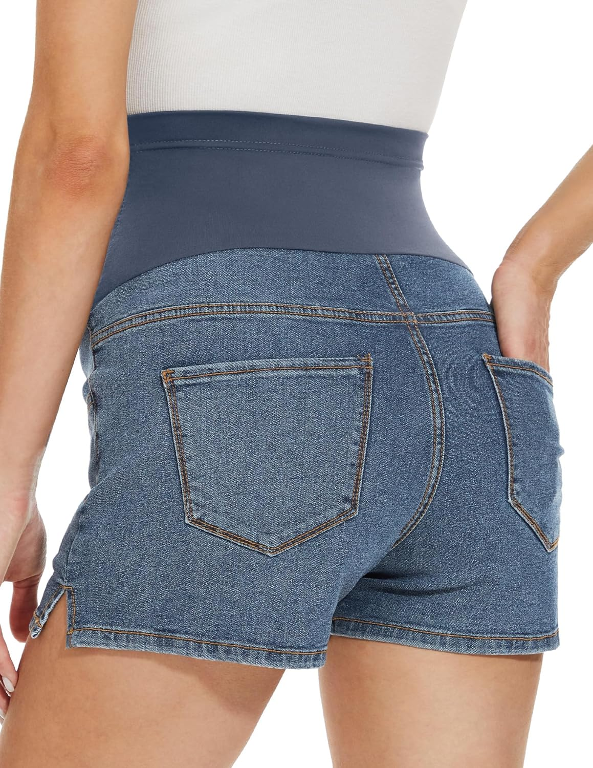 GLAMIX Women'S Maternity Jean Shorts with Real Pockets over Belly 3" Support Pregnancy Denim Shorts for Summer Clothes image number 1