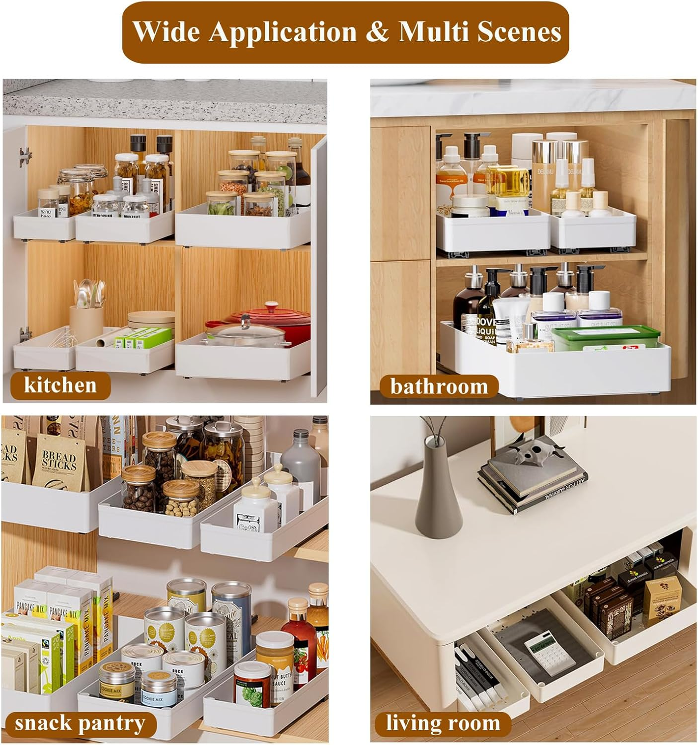 GMYMTM 3 Pack Pull Out Cabinet Organiser, 3 Sizes Slide Out Drawers for Cabinets 15.7" Deep for Kitchen Cabinets, Bathroom Cabinet Organiser, Pantry, White image number 1