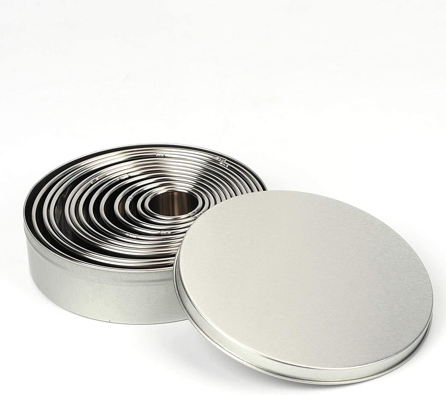 QLESHINING round Cookie Cutter Set, Pastry Biscuit Cake Cutters Set of 12 Storage Tin for Dough, Pastry, Donut, Fondant, Sugarcraft, DIY, Cake Decoration (Silver) image number 1