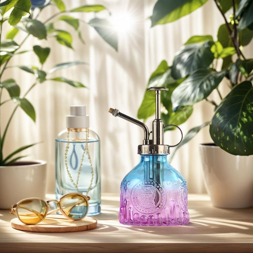 JZS Glass Plant Mister Spray Bottle, Vintage Plant Spritzer, Succulent Watering Can with Top Pump for Indoor and Outdoor Plants, Blue Purple Gradient image number 3