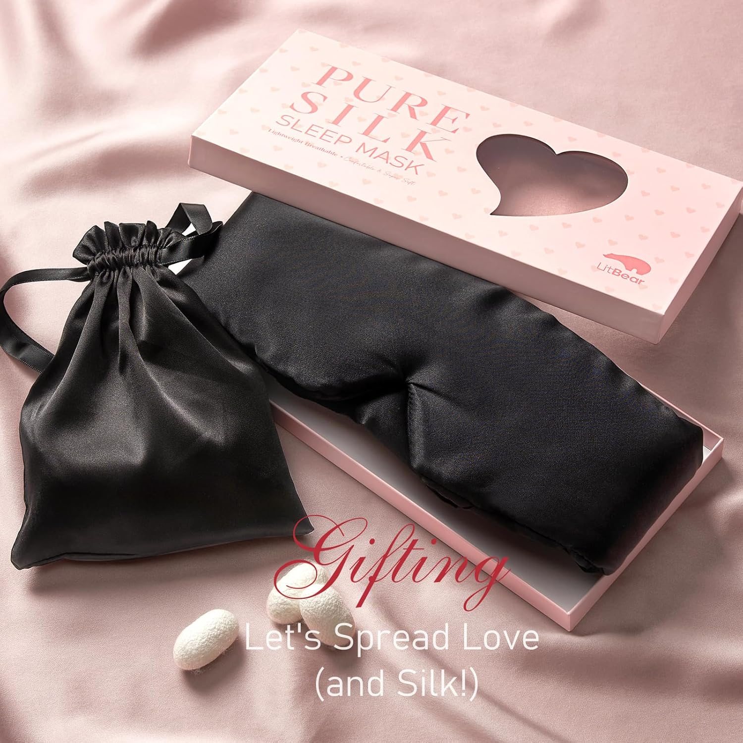 Litbear Silk Sleep Mask for Side Sleeper, Eye Mask Sleeping for Women Men 100% 22 Momme Pure Mulberry Silk, Face-Hugging Padded Eye Cover for Sleeping with Adjustable Band (Black) image number 3