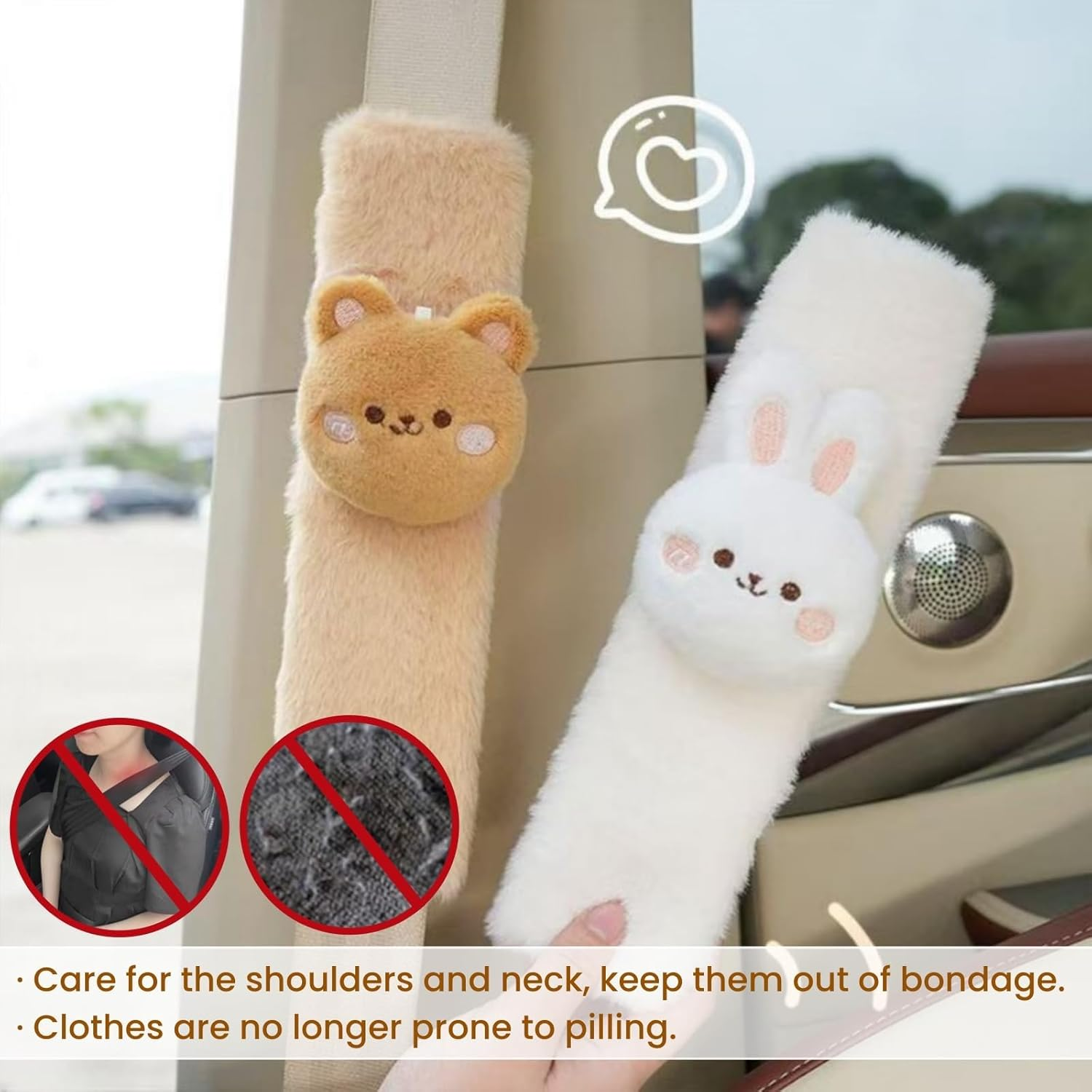 2 PCS Seat Belt Cover Pad, Cute Kawaii Animal Bunny Seatbelt Covers for Kids and Adults, Winter Plush Fluffy Soft Seat Belt Cover, Cartoon Seatbelt Cushion,Car Seat Strap Pads image number 3