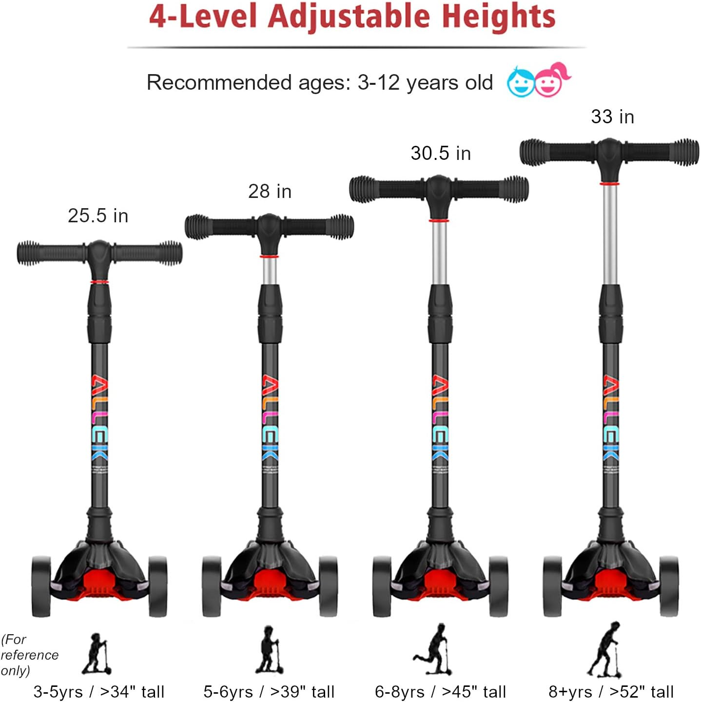 Allek Kick Scooter B02, Lean 'N Glide Scooter with Extra Wide PU Light-Up Wheels and 4 Adjustable Heights for Children from 3-12Yrs image number 3