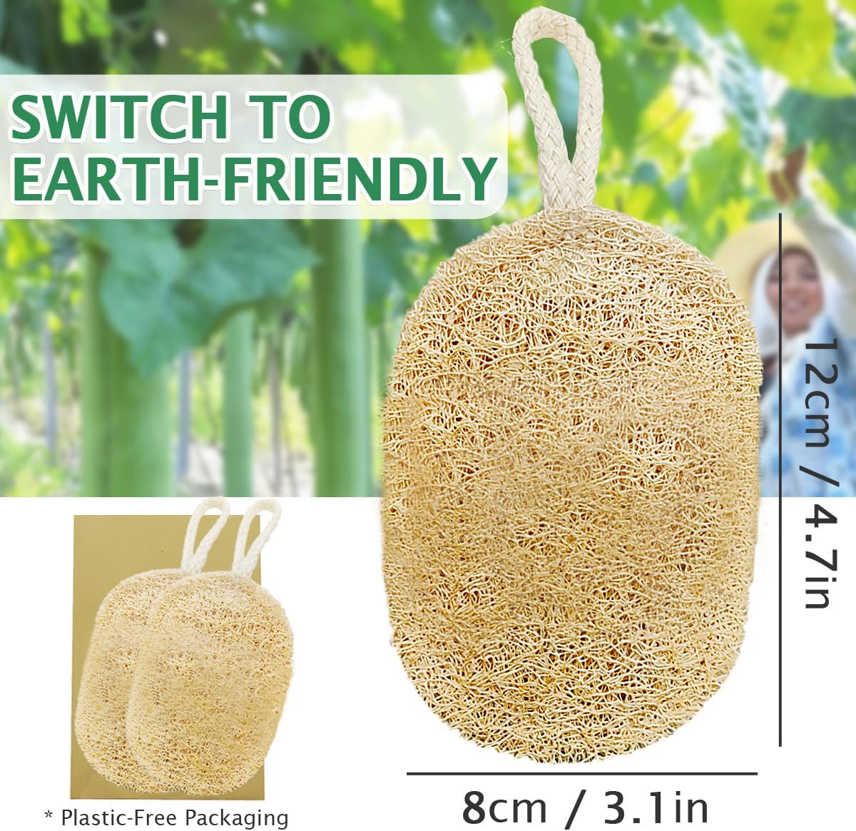 Natural Loofah Sponge for Bath & Kitchen - Double Layer Exfoliating Scrubber, Eco-Friendly Plant Fiber Body & Dish Scrub Pad, 2-Pack in Paper Bag (12X8Cm)
