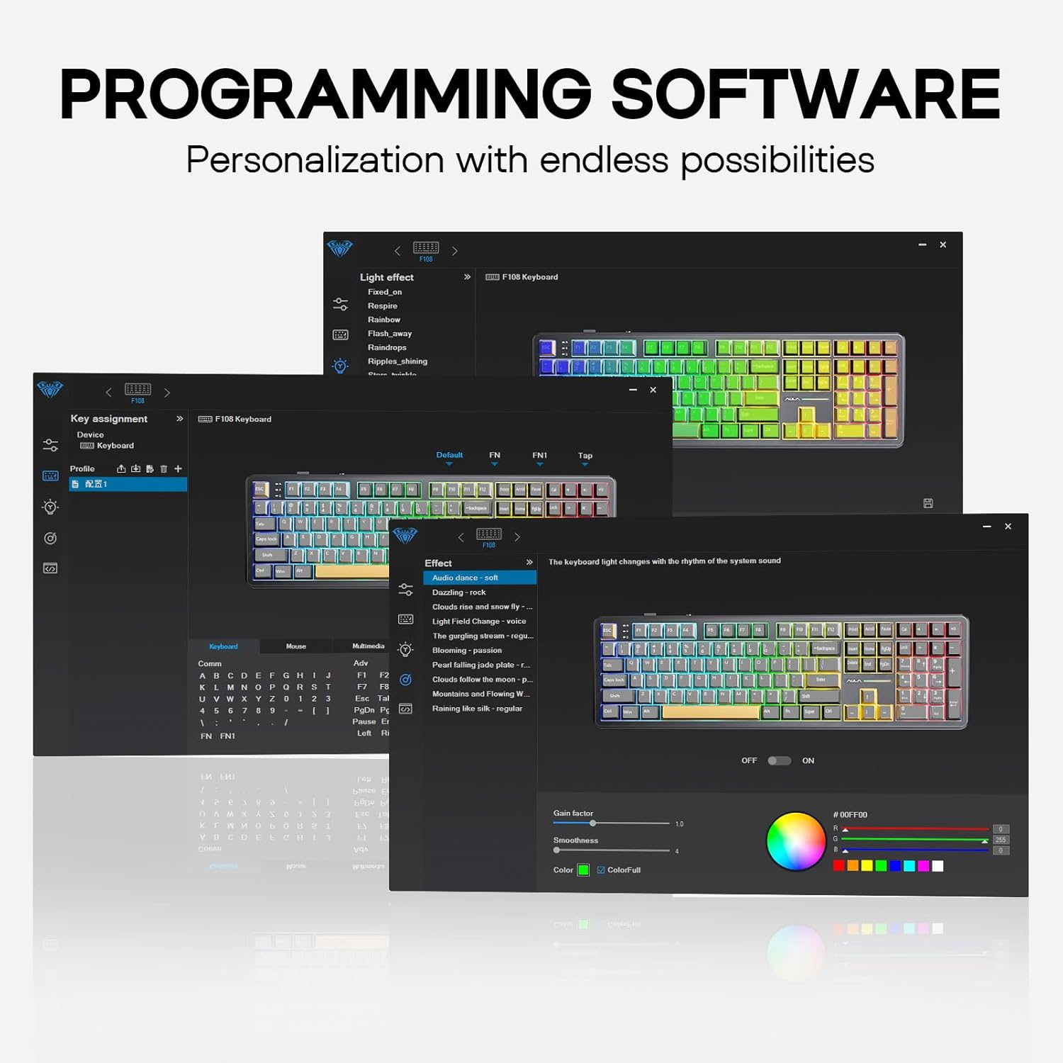 EPOMAKER Aula F108 Wireless Gaming Keyboard with 4000Mah Battery, US Layout Full Size Mechanical Keyboard with 108 Hot-Swappable Keys, RGB, for Mac/Pc/Android (White&Blue) - Black Gradient image number 4