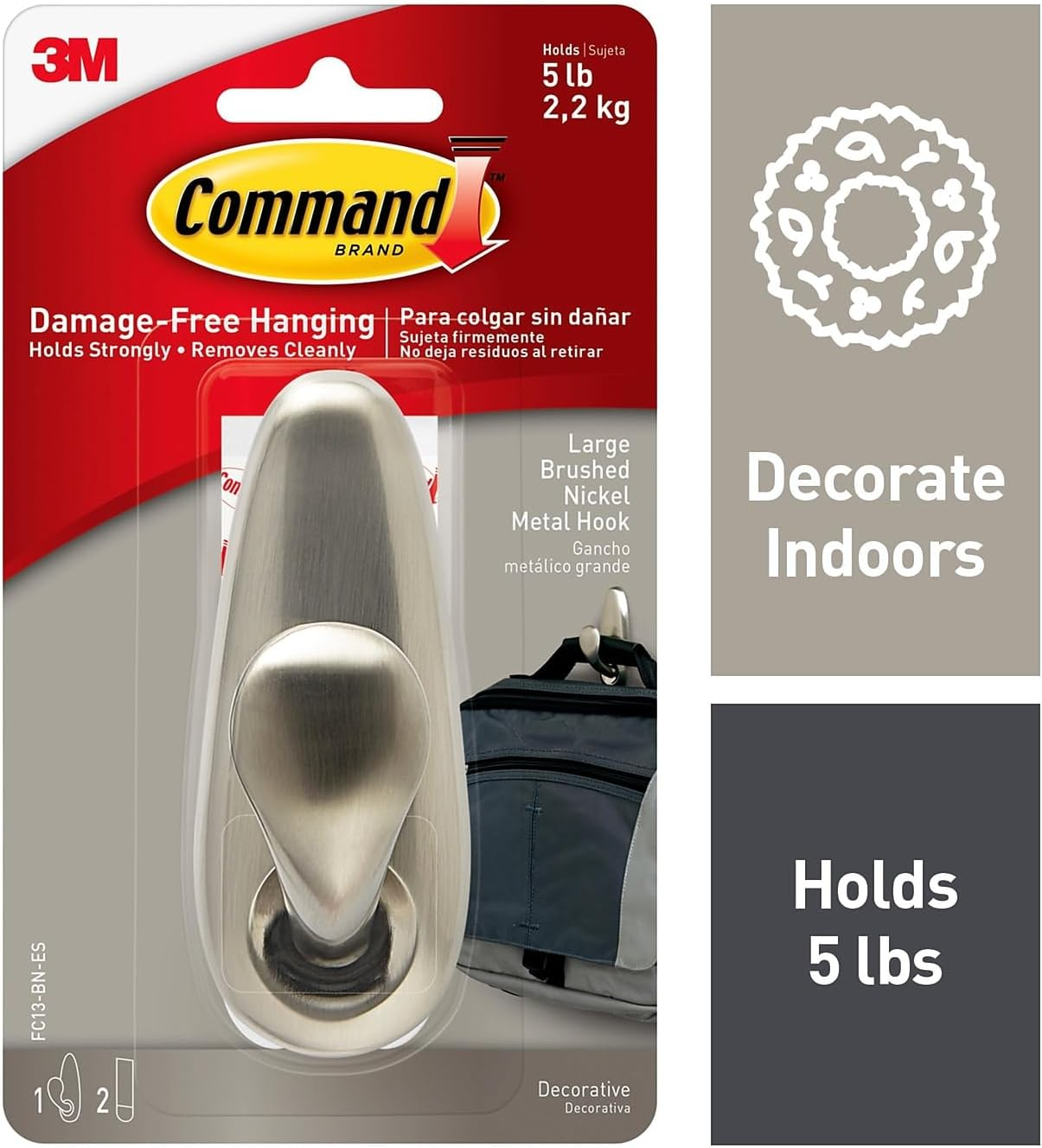 Command Forever Classic Metal Hook, Large, Brushed Nickel, 1-Hook (FC13-BN-ES) image number 6
