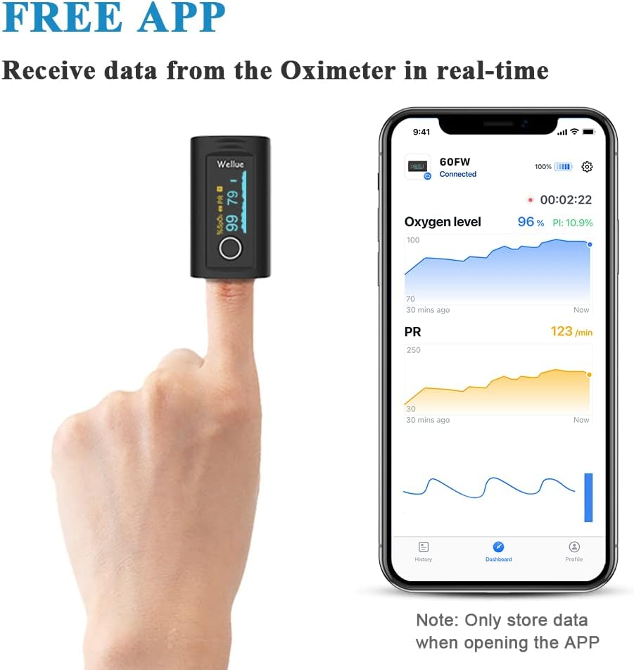 Wellue Fingertip Blood Oxygen Saturation Monitor with Alarm, Batteries, Carry Bag & Lanyard for Wellness Use PC-60FW Bluetooth image number 1