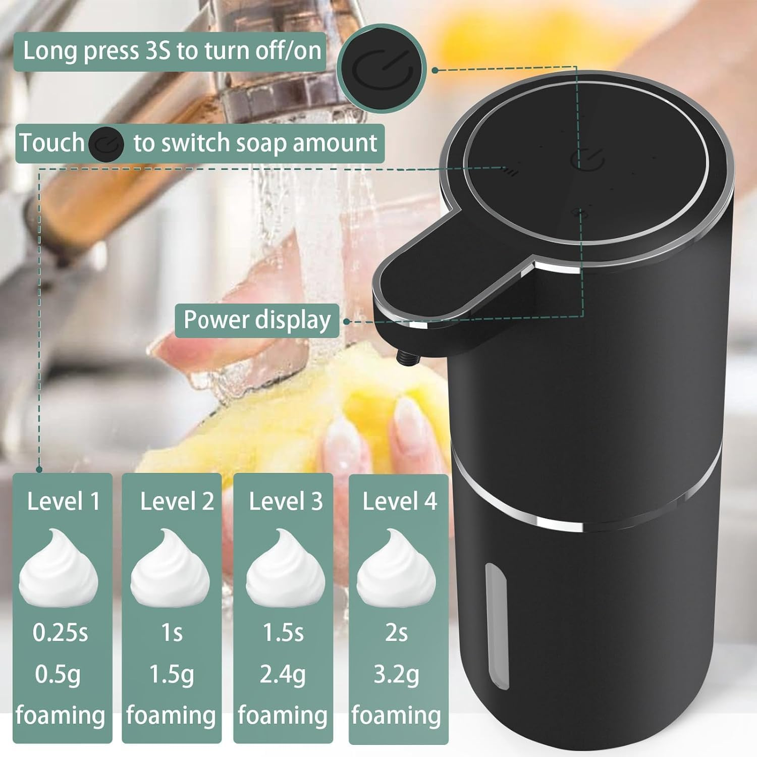 Automatic Soap Dispenser, Touchless Foaming Soap Dispenser 380Ml USB Rechargeable Dispenser Electric Wall Mounted 4 Levels Adjustable Foam Soap Dispenser Pump for Bathroom Kitchen Dish Soap (Black) - White image number 3