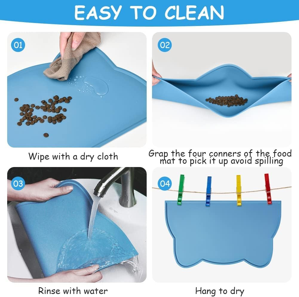 VSSHE Cat Food Mat, Silicone Pet Food Mat for Floor Non-Skid Waterproof Dog Water Bowl Tray Mat Dog Cat Placemat Mat with Raised Edge 18 * 9.8'' Pet Feeding Food for Small Dogs and Cats Blue image number 1