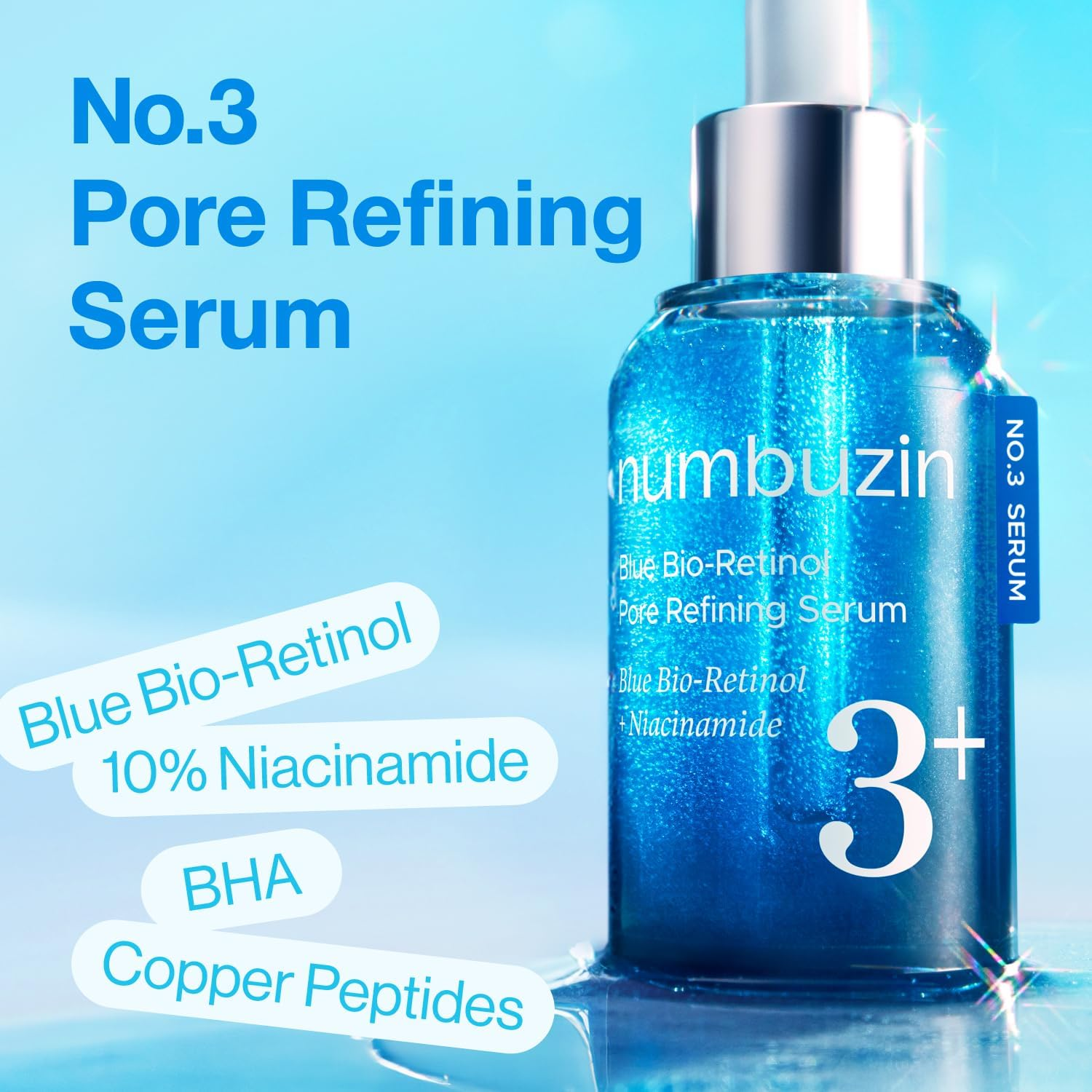 Numbuzin No.3 Serum | Blue Retinol Pore Refining Serum | Pore Tightening, Firming, Anti-Aging, Korean Skincare | Niacinamide, Peptide, Salicylic Acid (BHA) | Beginner-Friendly Retinol | 1.01 Fl.0Z image number 6