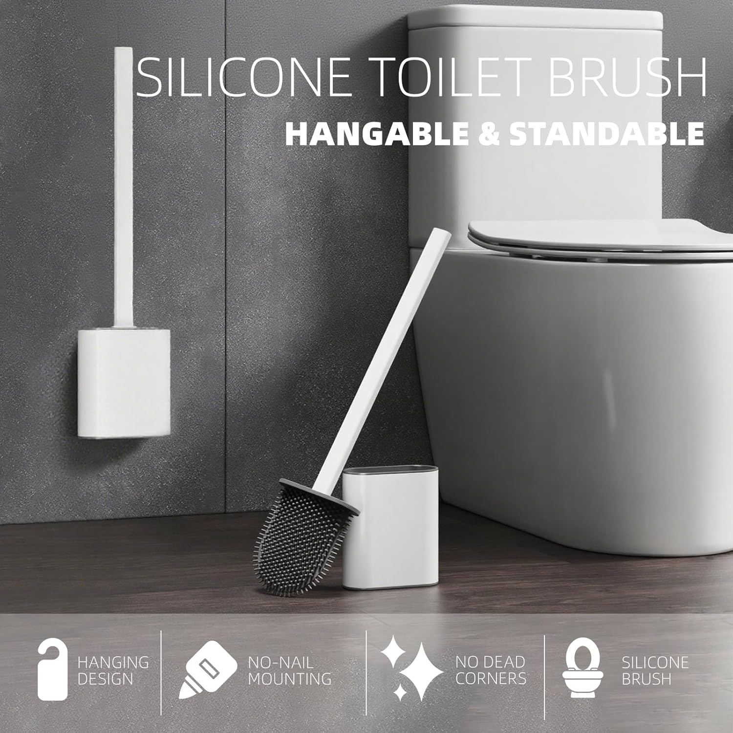 2 Pcs Toilet Brush and Holder Silicone Wall Mounted and Standing Toilet Brush for Bathroom, Set of 2 Cleaning Brushes, Flexible TPR Bristles (White) image number 4