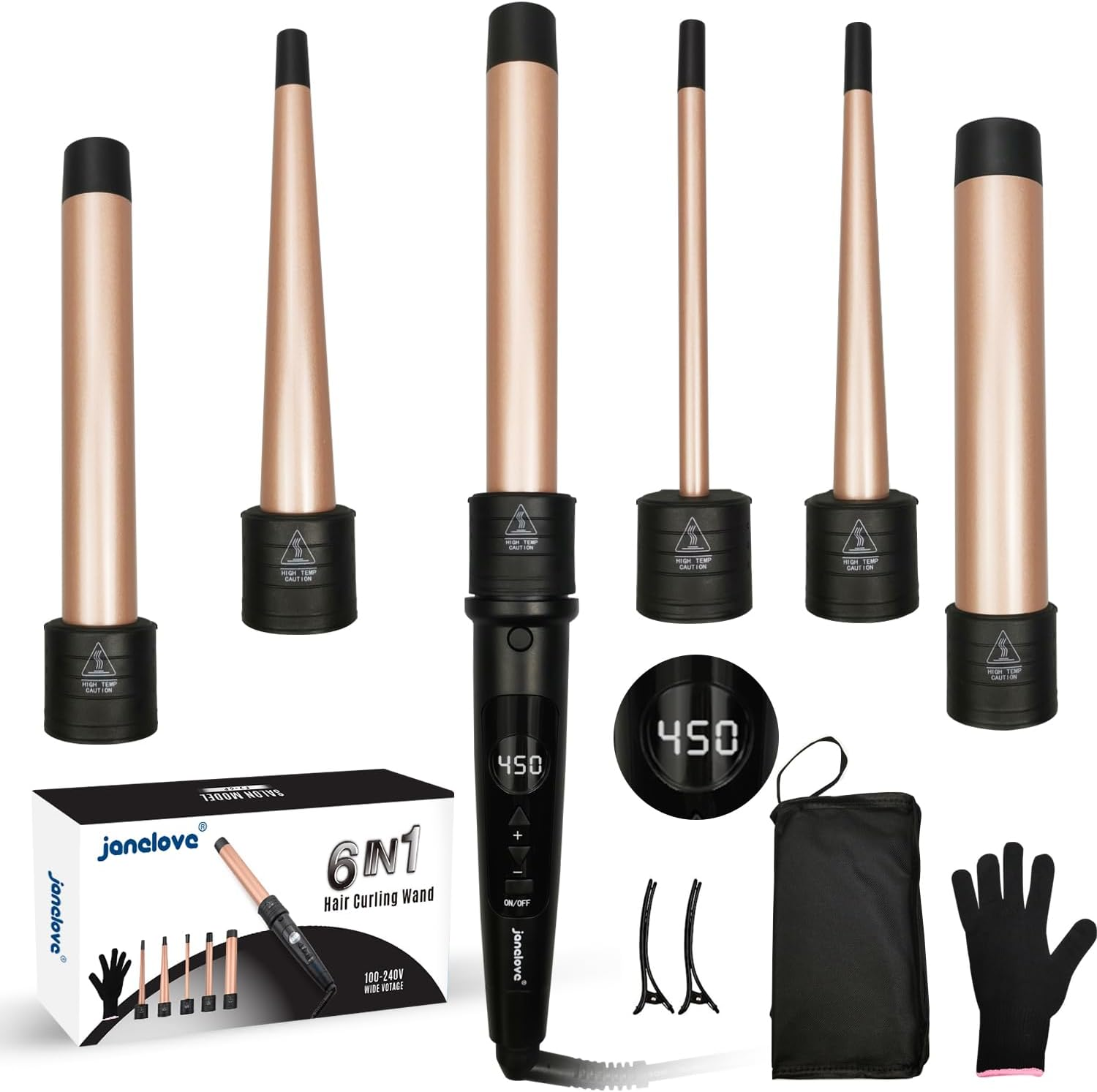 6 in 1 Hair Wand Curling Iron - Janelove 180-450℉ Long-Lasting Ceramic Hair Curlers, 0.35 to 1.25 Inch Curling Wand Set for All Women, 110-220V Hair Waver with LCD- Gold image number 4
