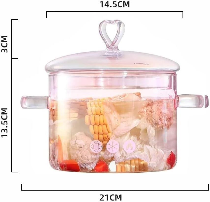 GUDAJIN Pink Transparent Glass Pot, 1500 Ml Soup, Stew, Cooking Pot, Heart-Shaped Handle Lid, Suitable for Pasta, Soup, Milk, Noodles, Vegetable Soup and Salad (Pink) image number 6