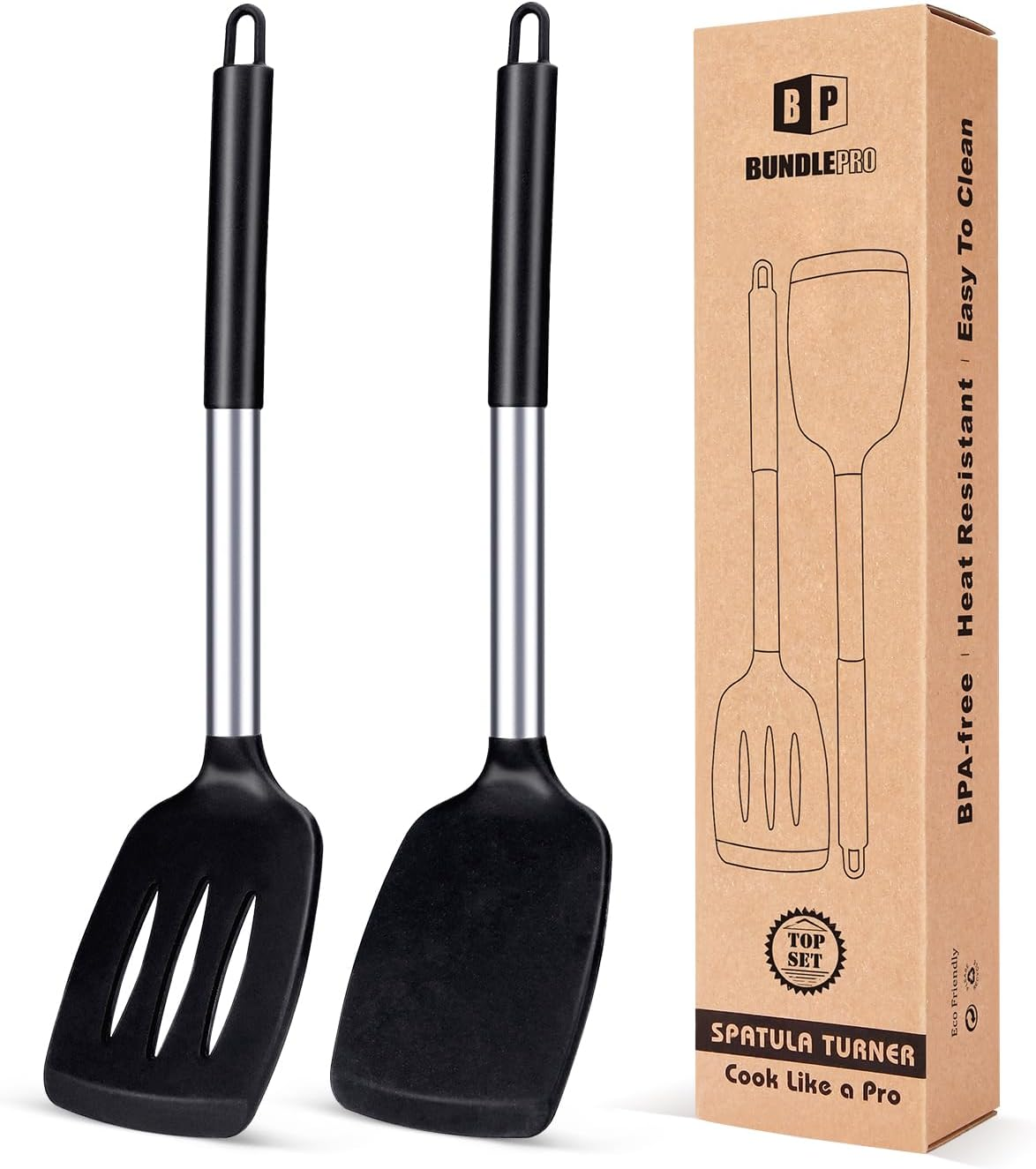 Pack of 2 Silicone Solid Turner,Non Stick Slotted Kitchen Spatulas,High Heat Resistant BPA Free Cooking Utensils,Ideal Cookware for Fish,Eggs,Pancakes (Black)