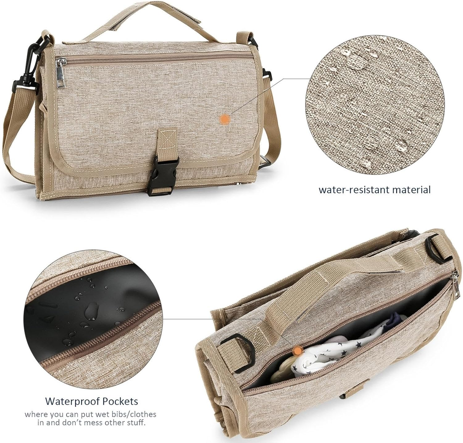 Portable Changing Mat for Children - Portable Nappy Changing Mat, Waterproof Changing Station | Removable Bag for Wet Wipes, Foldable Changing Mat for Children, Foldable Changing Station, B.Khaki