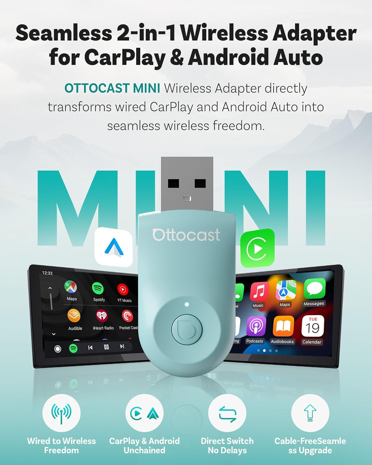 OTTOCAST Mini 2025 Wireless Carplay & Android Auto 2-In-1 Adapter, Plug & Play, 5Ghz Wifi, Auto Connect for Iphone & Android, Fits 98%+ OEM Wired Carplay Cars (Green) image number 6