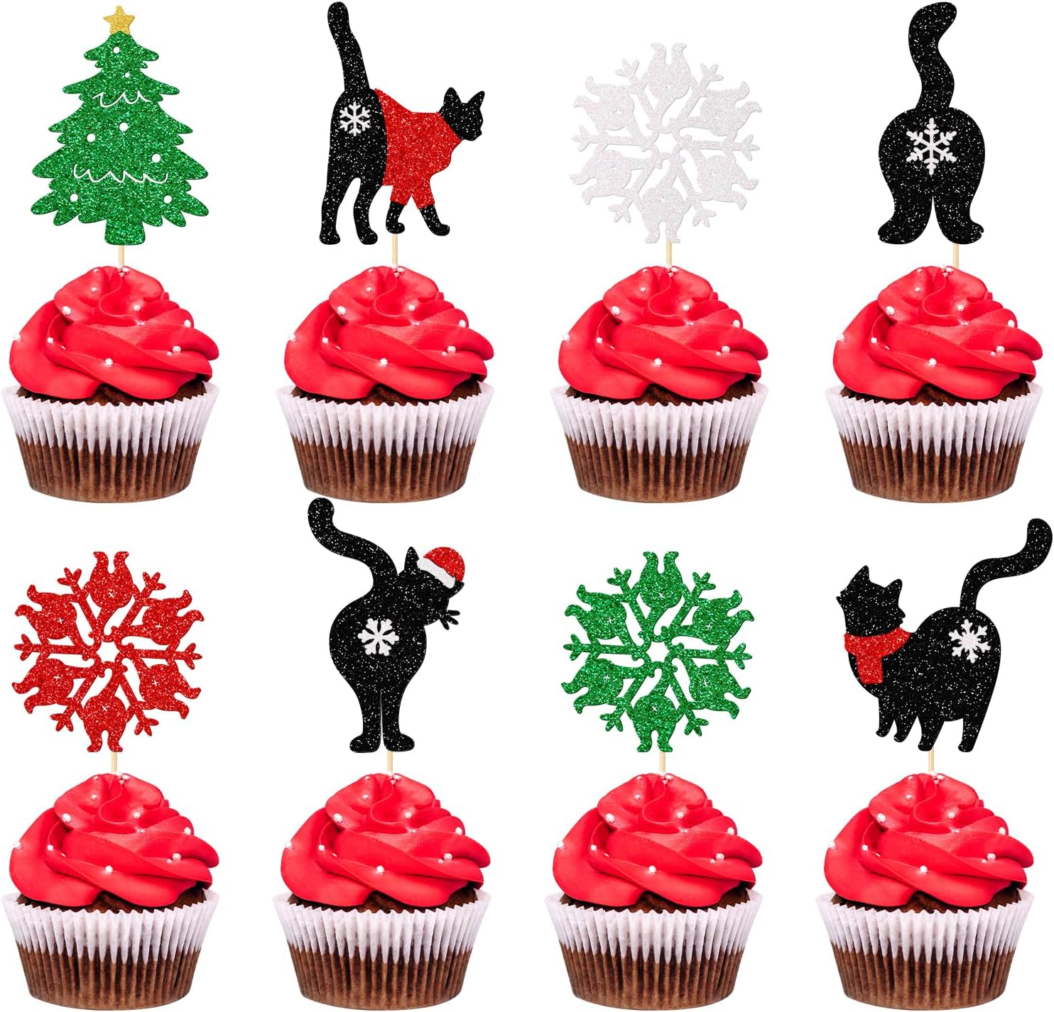 Black Cat Christmas Cupcake Toppers, Christmas Cat Party Decorations, Meow Christmas Party Decor, Christmas Cupcake Toppers for Cat Lovers, 24Pcs image number 5