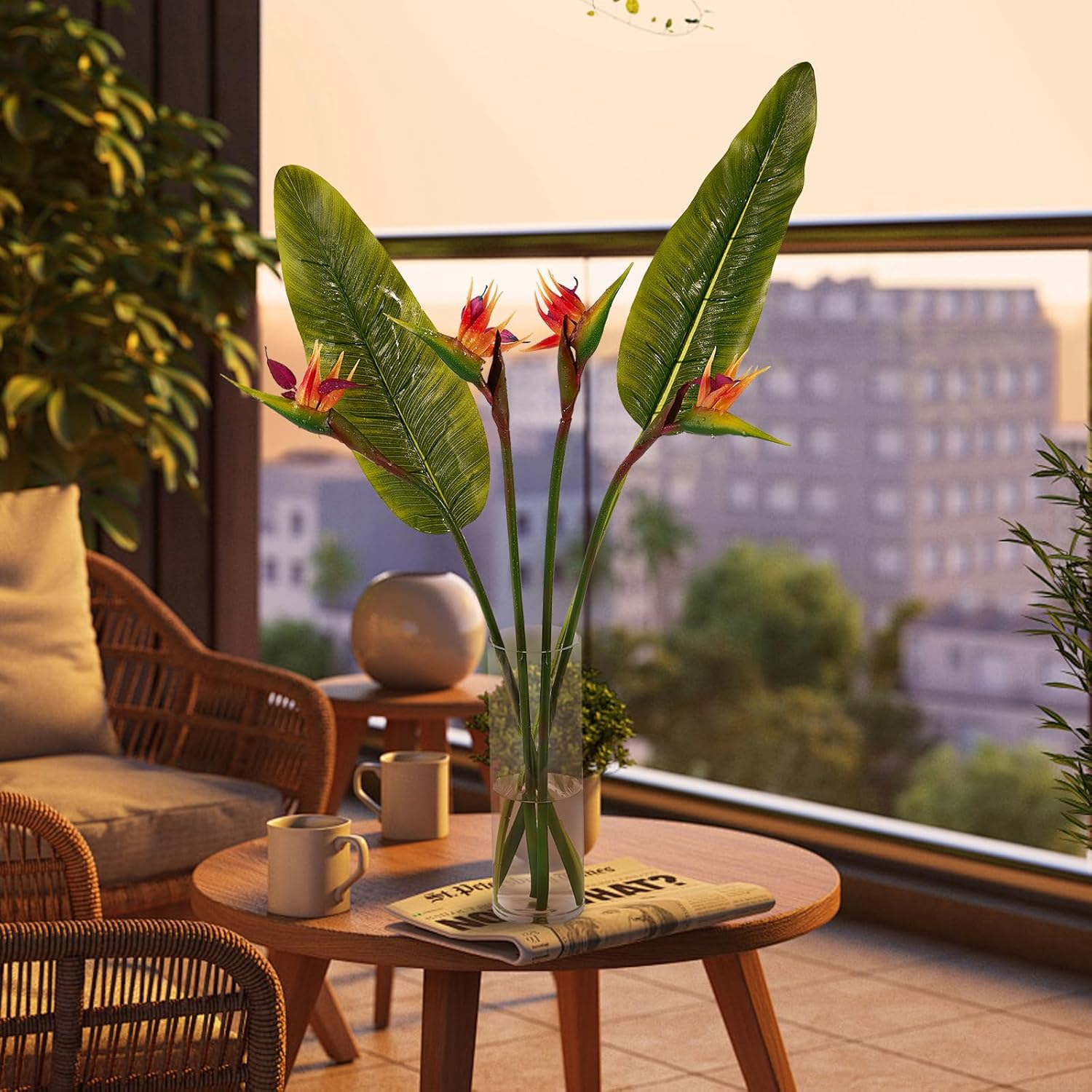 Artificial Bird of Paradise Flowers Real Touch 24'In Long Stem Flower 4 Pcs, with Bird of Paradise Leaves 28'In Long Stem Greenery Plants 2 Pcs,For Home Garden Wedding Party Decor (Orange 6 Stems) image number 1