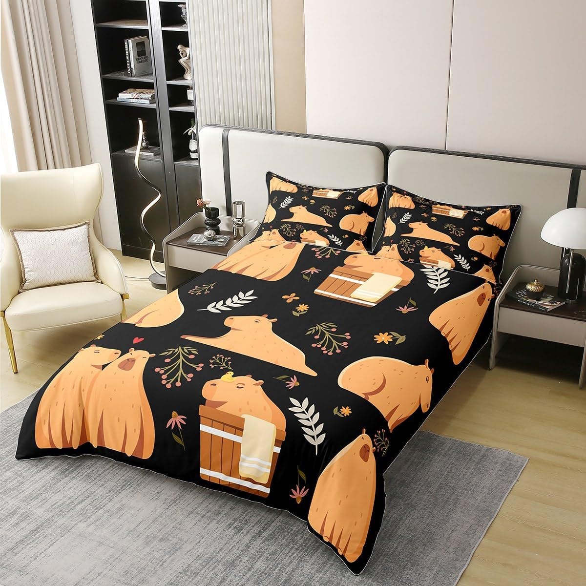 100% Cotton Capybara Bed Linen Set, 200 X 200 Cm, Capybara Lovers Duvet Cover, Cartoon Capybara Cup Animals Lovers, Comfort Cover, Botanical Flowers, Comfort Quilt Cover with 2 Pillowcases, Black image number 5