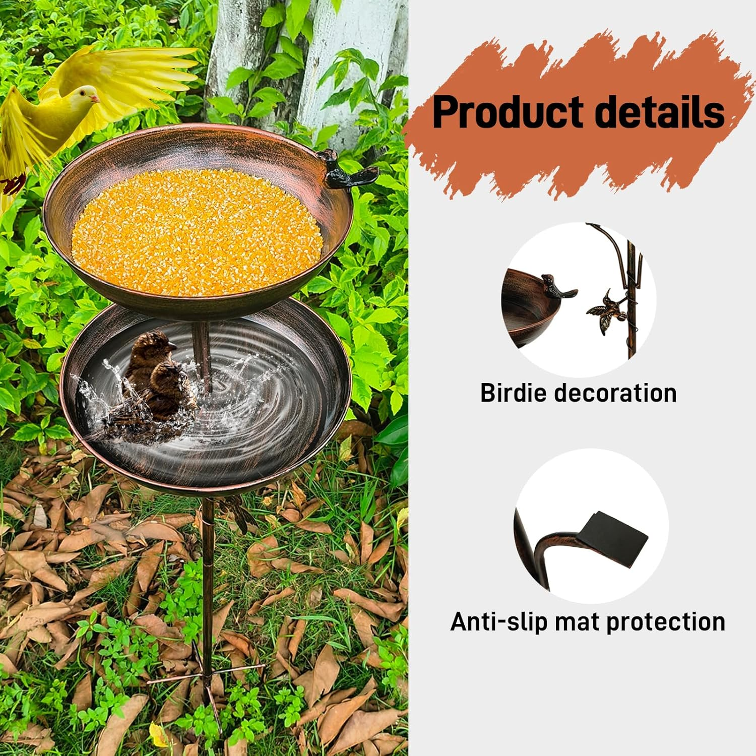 Double Standing Bird Feeder and Bird Bath 120 Cm, Antique Large Birdbath for Outside, Metal Hummingbird Water Feeder Bowl, Tall Sturdy Pedestal Stake for Outdoor Yard Garden Lawn image number 4