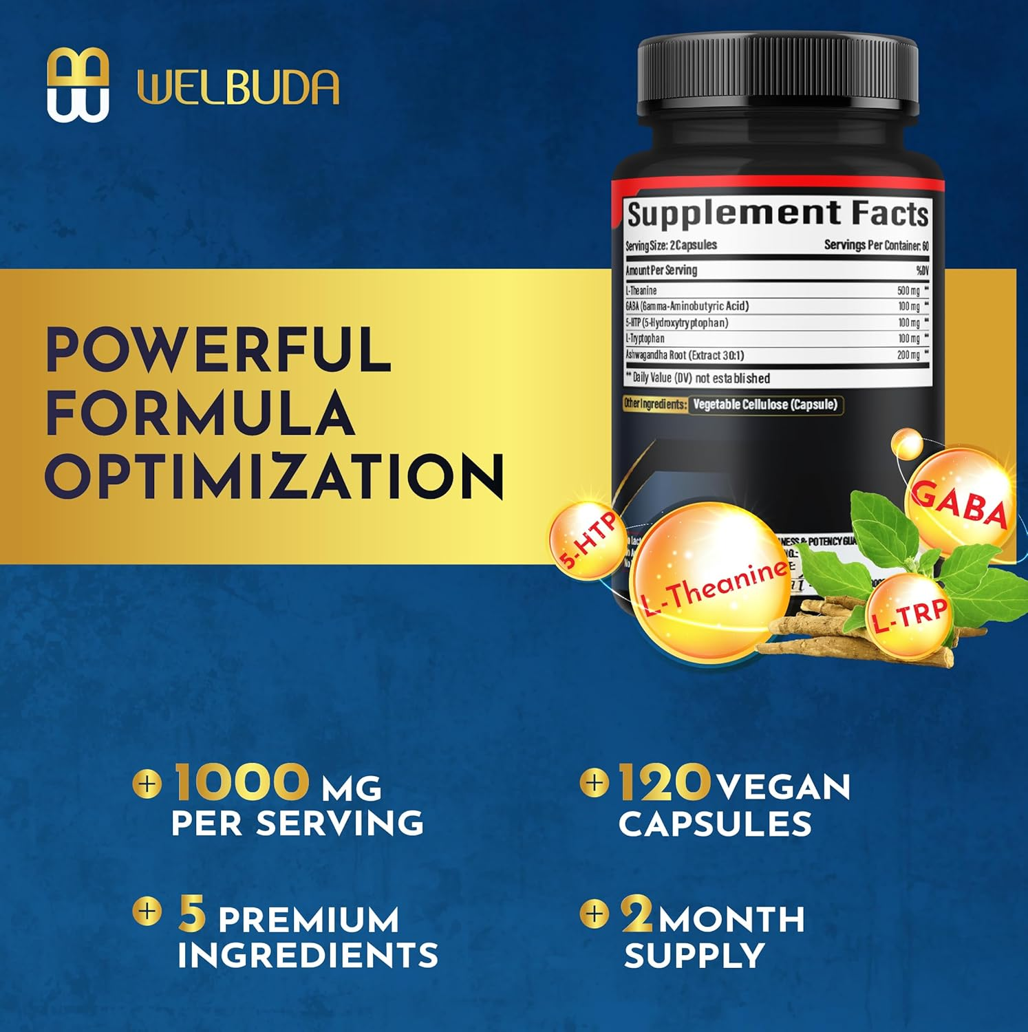 L-Theanine Supplement Added Ashwagandha, GABA, 5 HTP, L Tryptophan - 120 Capsules image number 3