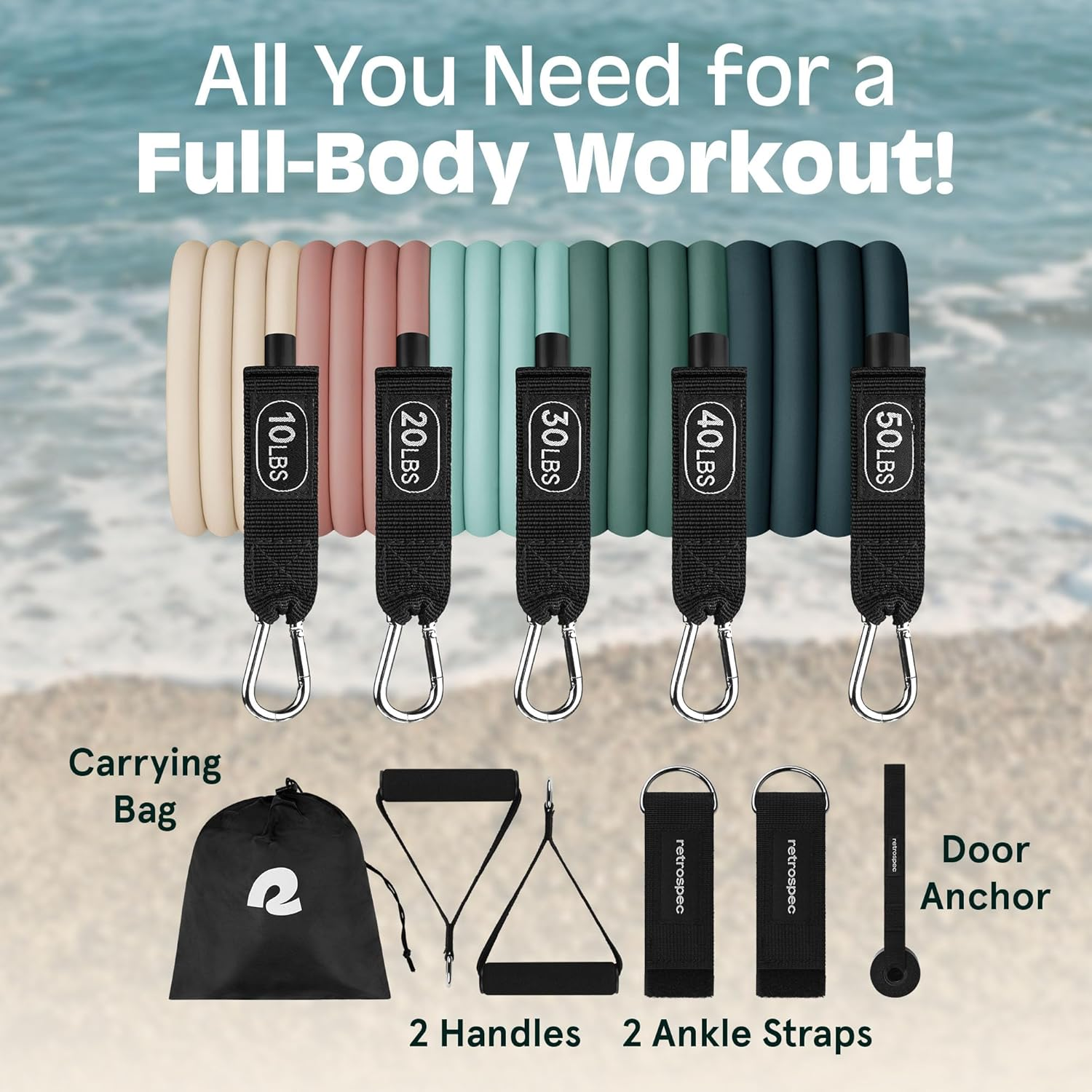 Retrospec Train Resistance Bands Set (5Pc) Workout Bands W/Handles, Door Anchor, Carry Bag for Women & Men image number 2