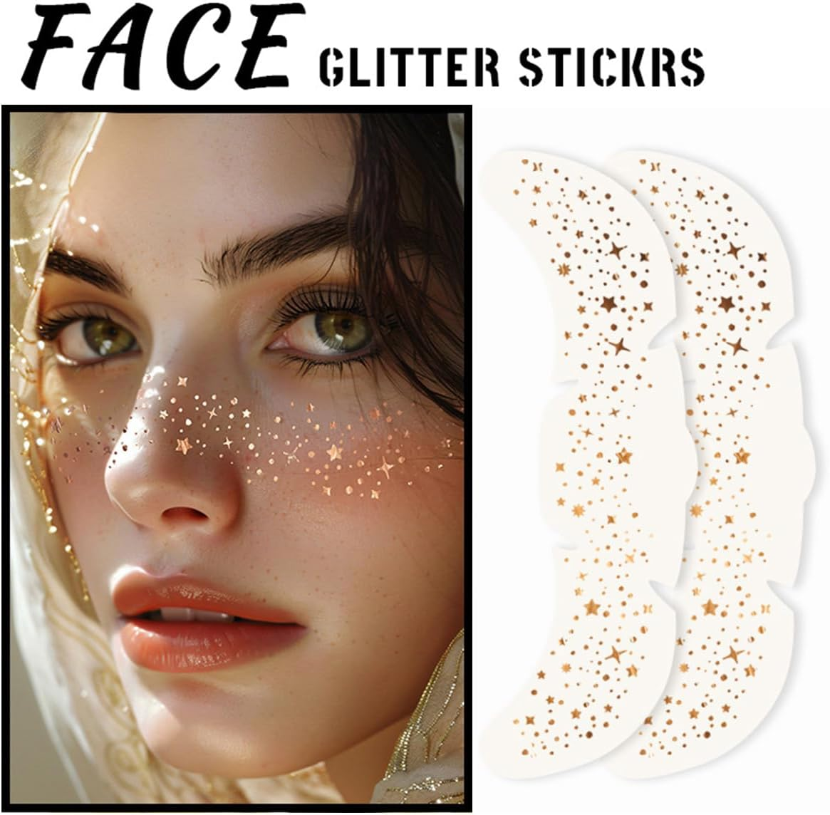 Gold Face Makeup Patches 6Pcs Glitter Freckles Face Temporary Tattoo Cute Glitter Freckles Sparkle Makeup Speckles Waterproof Face Glitter Speckles Patches for Women Cosmetic Face Glitter (Gold07) image number 2