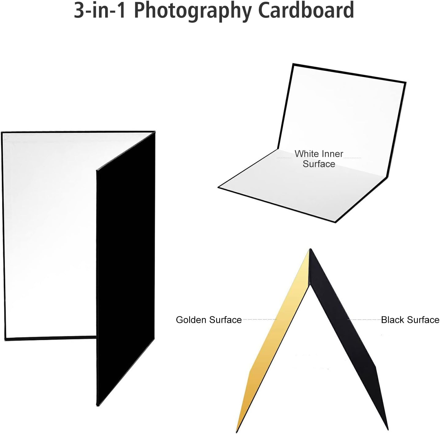 3-In-1 Photography Cardboard Paperboard Folding Photography Reflector Diffuser Board (Black + White + Golden) for Still Life Product Food Photo, A4 Size image number 5