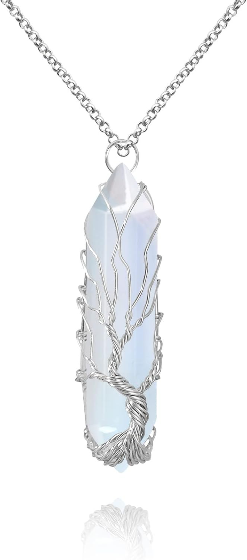 VIBILIA Healing Crystal Necklace Tree of Life Wire Wrapped Natural Stone Point Pendant Necklace Hexagonal Reiki Spiritual Quartz Gemstone Jewelry for Women Men