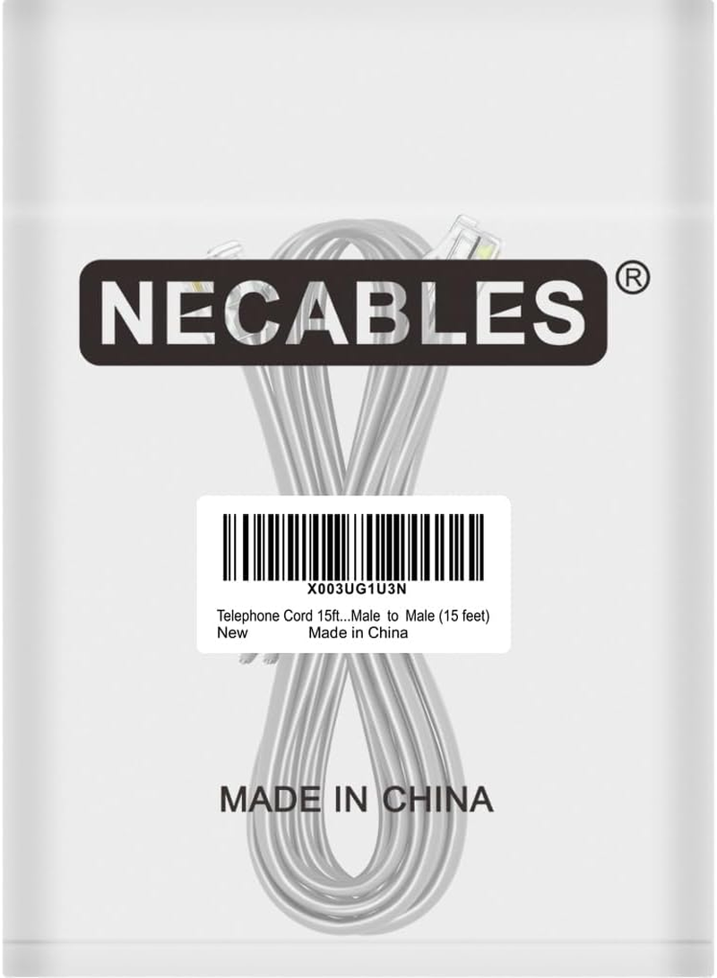 NECABLES Phone Cord 15 Ft Telephone Cord Phone Line Cord RJ11 6P4C Male to Male for Landline Phone and Fax - 15 Feet image number 2