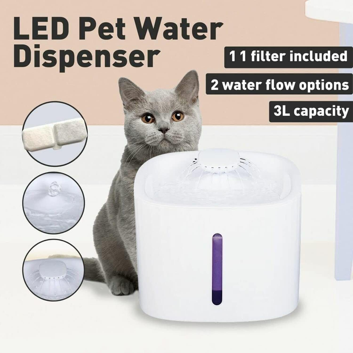 3L LED Automatic Electric Pet Water Fountain+11Filter Cat Drinking Dog Fountain Water Dispenser image number 2