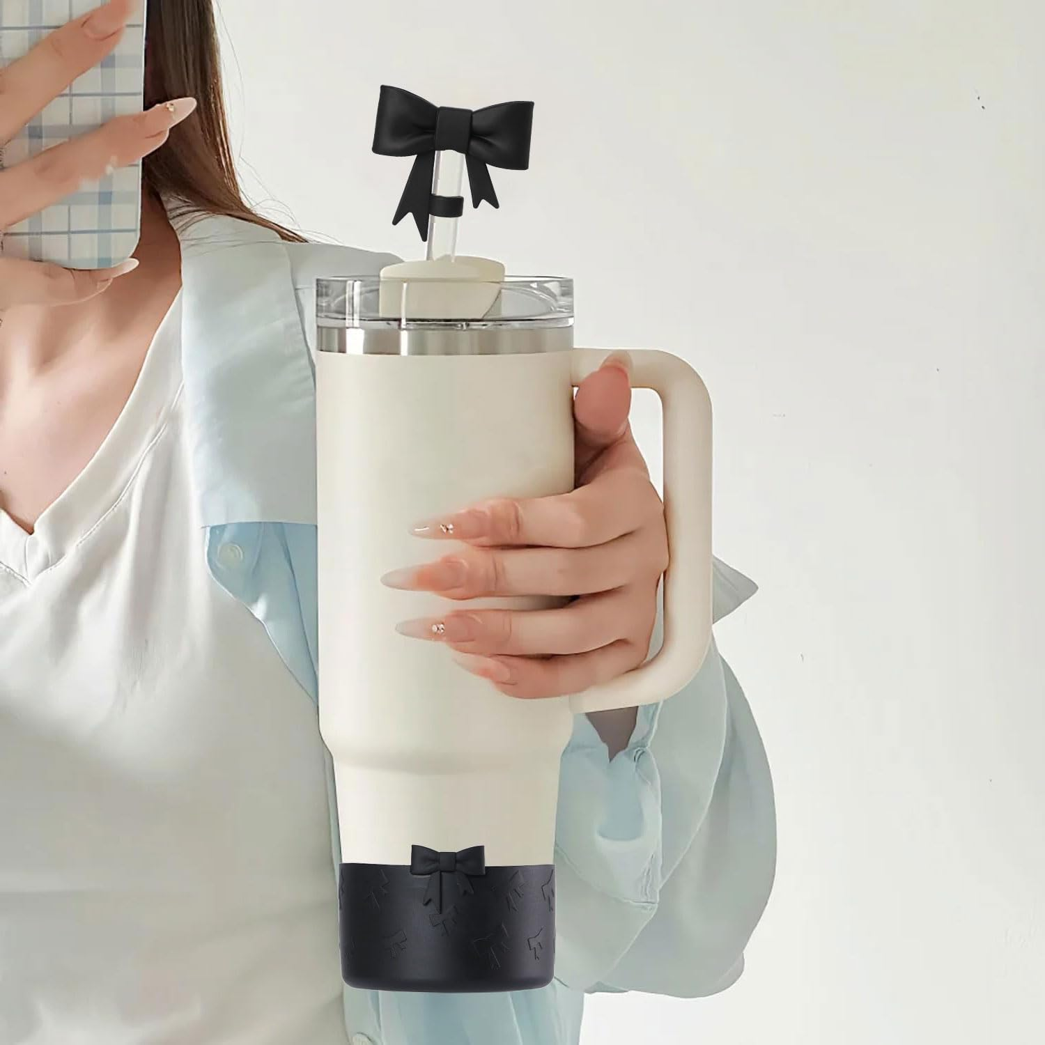 Lnulyaciy Bow Silicone Protective Boot for Stanley Cup 20/30/40Oz, Bow Straw Cover Topper with 10Mm/0.4In, Compatible 12-24Oz Hydroflask Tumbler and More Bottles 2.83-3In Bottom (Black Set) image number 1