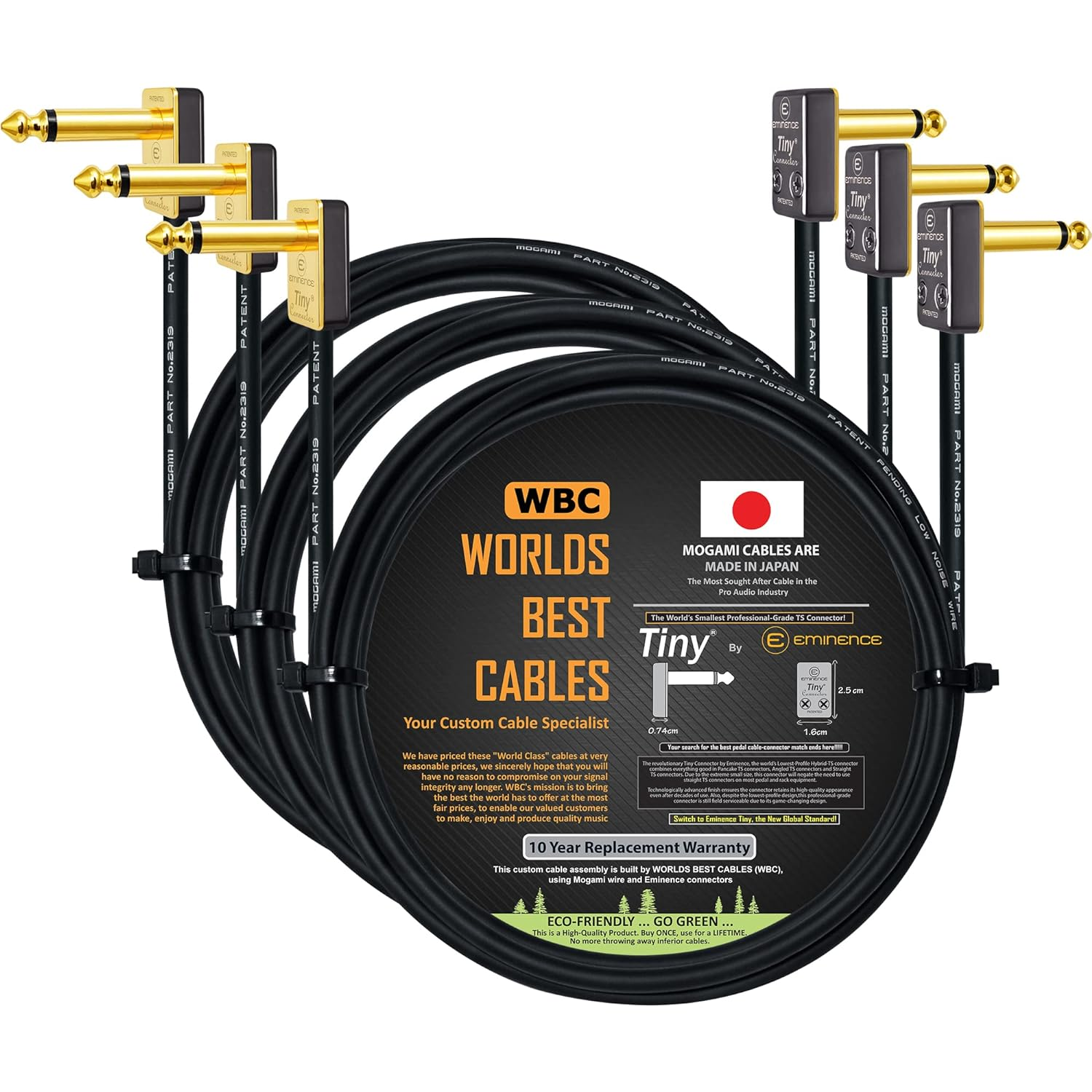 3 Units - 75 CM - Pedal, Effects, Patch, Instrument Cable Custom Made by WORLDS BEST CABLES &ndash; Made Using Mogami 2319 Wire & Eminence Tiny Gold Plated &frac14; Inch (6.35Mm) R/A TS Connectors image number 4