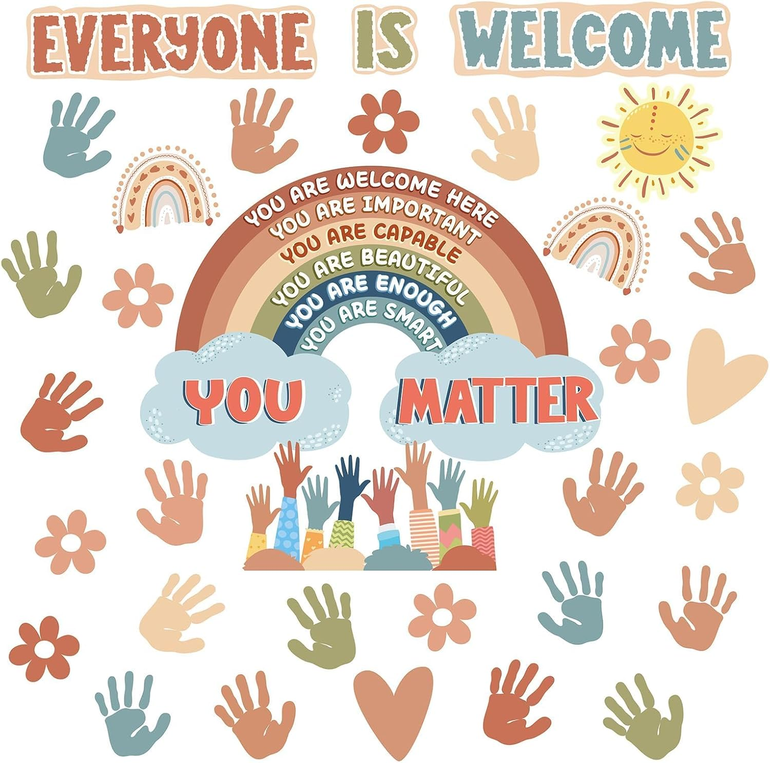 VABAMNA Boho Bulletin Board Decorations for Classroom, 35Pcs Everyone Is Welcome Classroom Positive Motivational Inspirational Affirmation Wall Decor Boho Rainbow Cutouts for Teacher School Supplies