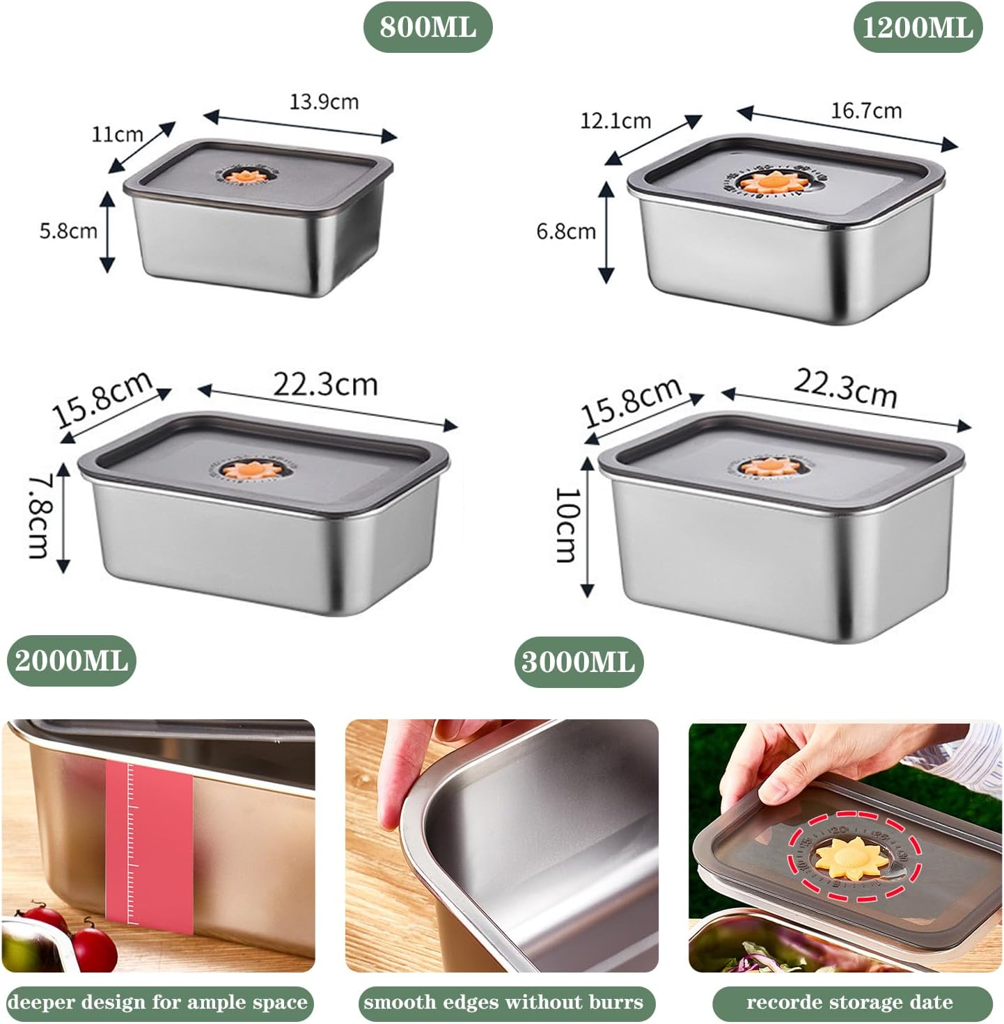 3 PACK 3000ML 316 Stainless Steel Food Storage Containers Set with Lid, Dishwasher Safe Freezer Safe Leakproof Portable Meal Prep Containers Pet Food Container image number 5