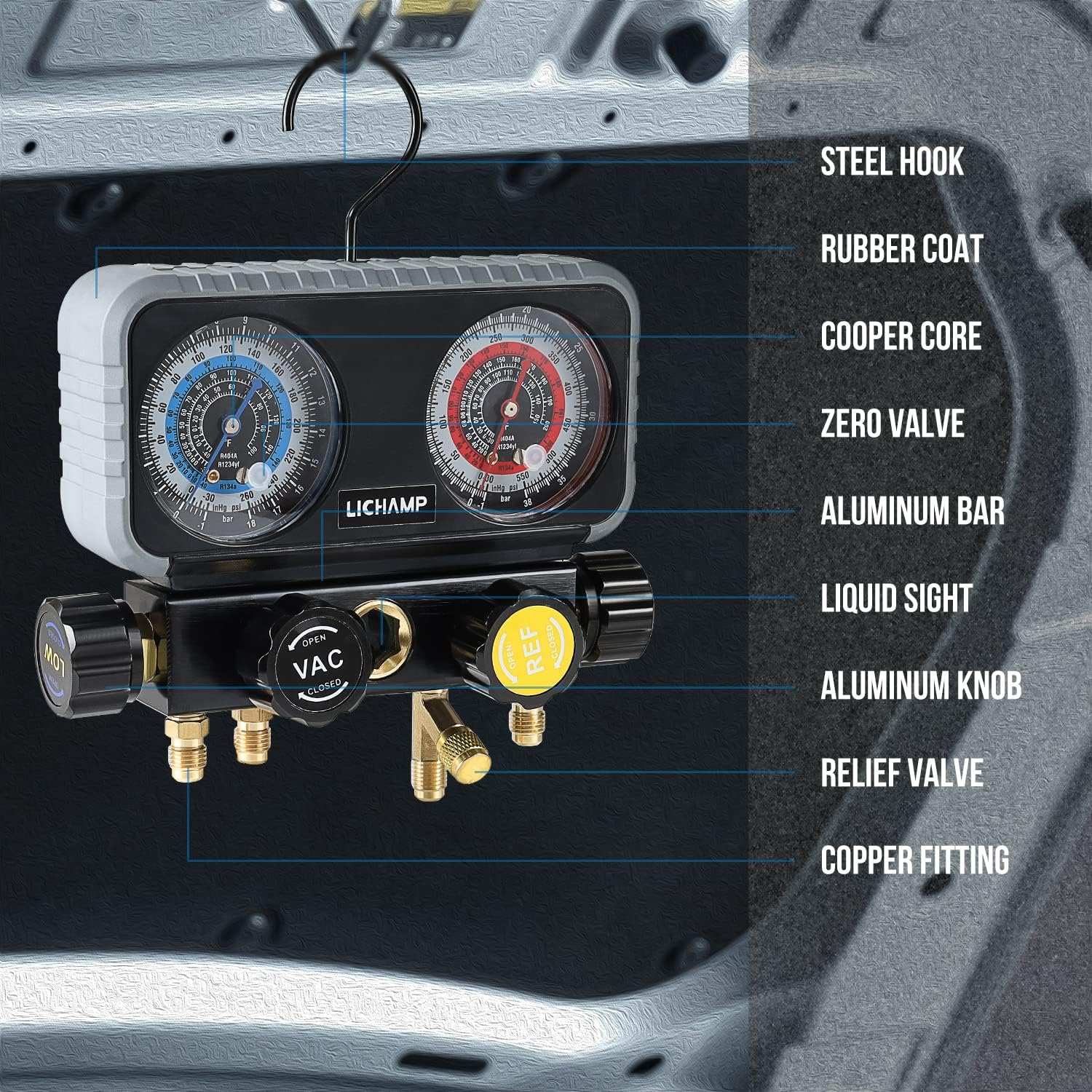 Lichamp AC R1234YF R134A Gauge Set, Automotive 4 Valve Manifold Gauge Compatible with R1234YF R134A and R404A Refrigerants, Works on Car Freon Charging and Evacuation