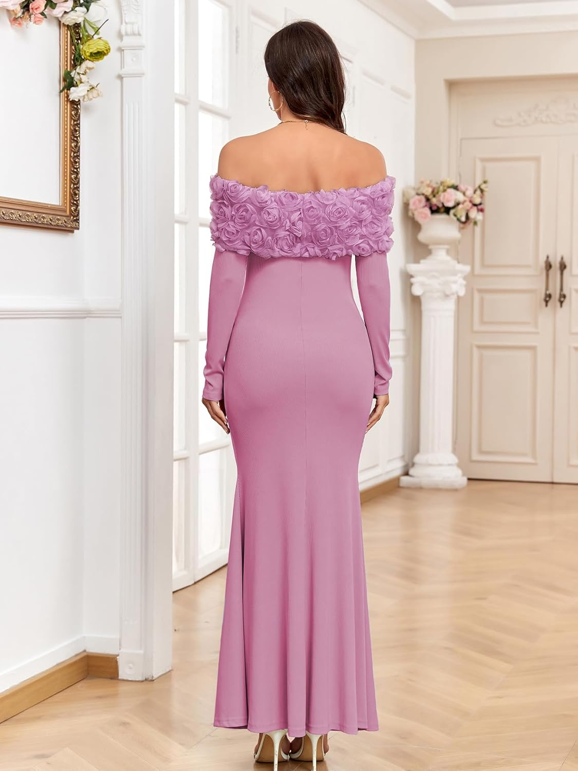 3D Floral off the Shoulder Maternity Dress Long Sleeve Ribbed Mermaid Maxi Bodycon Pregnancy Dresses Baby Shower image number 5