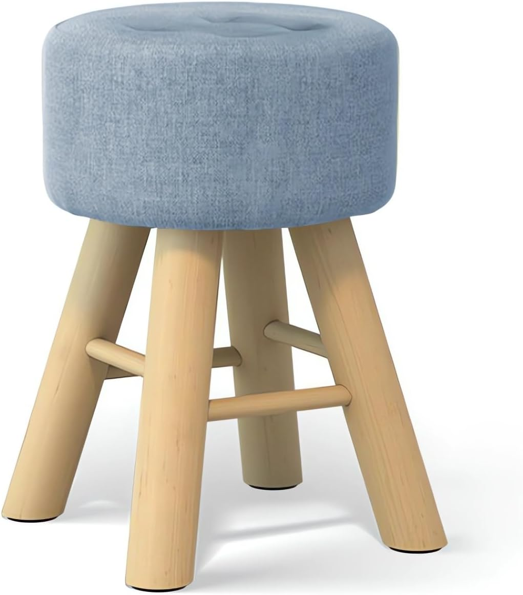 Round Ottoman Footstool, 28 X 28 X 42 Cm, Wooden Legs, Fabric Cushion Top A269 (Green)