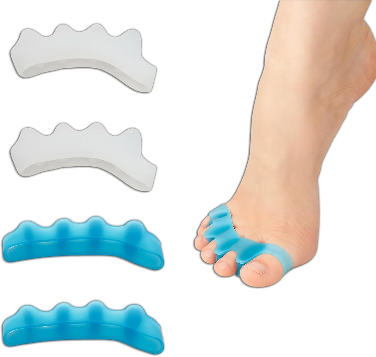 Toe Separators, 4 Pack Bridge Design Toe Spacers for Men and Women, Helps Relieve Bunion Pain, Hammer Toe and Plantar Fasciitis, Ideal for Yoga, Running and Daily Use (White and Blue) image number 2