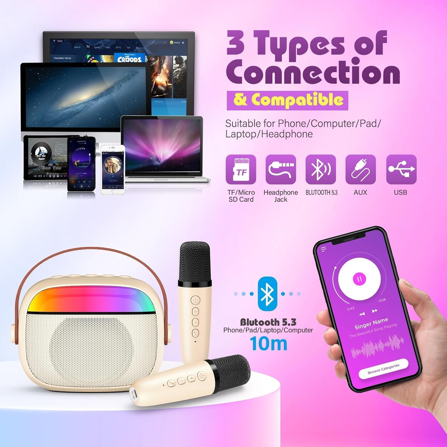 Karaoke Machine for Kids Adults, Mini Portable Bluetooth Speaker with 2 Wireless Microphone, Kids Toys Birthday Gifts for Girls Ages 4-12 +Year Old Family Home Party (Off White) image number 4