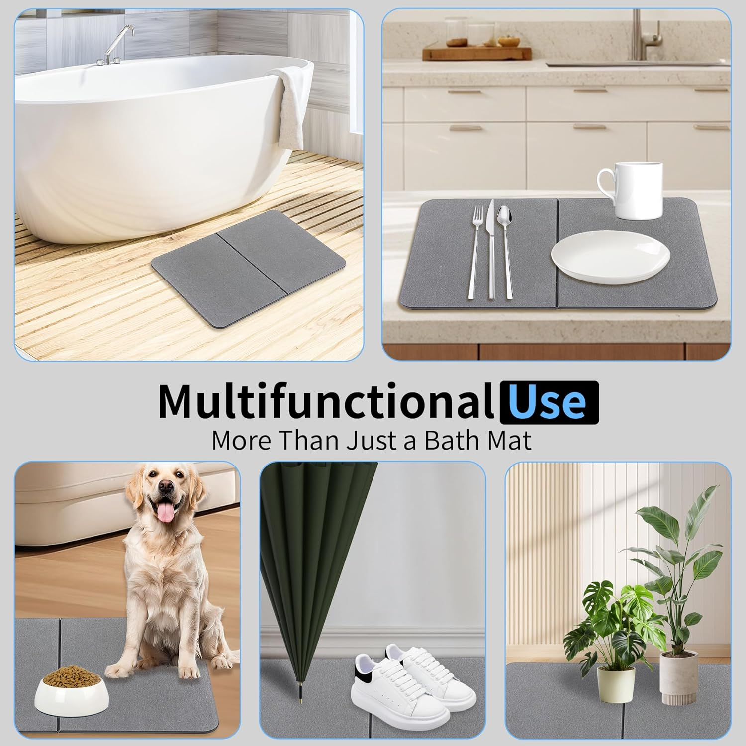 Stone Bath Mat, Natural Diatomaceous Earth Bath Mat, Non Slip Super Absorbent Quick Drying Diatomite Mat for Bathroom, Bathtub, Kitchen Counter, Both Sides Available with Cleaning Tool (Dark Gray) image number 5