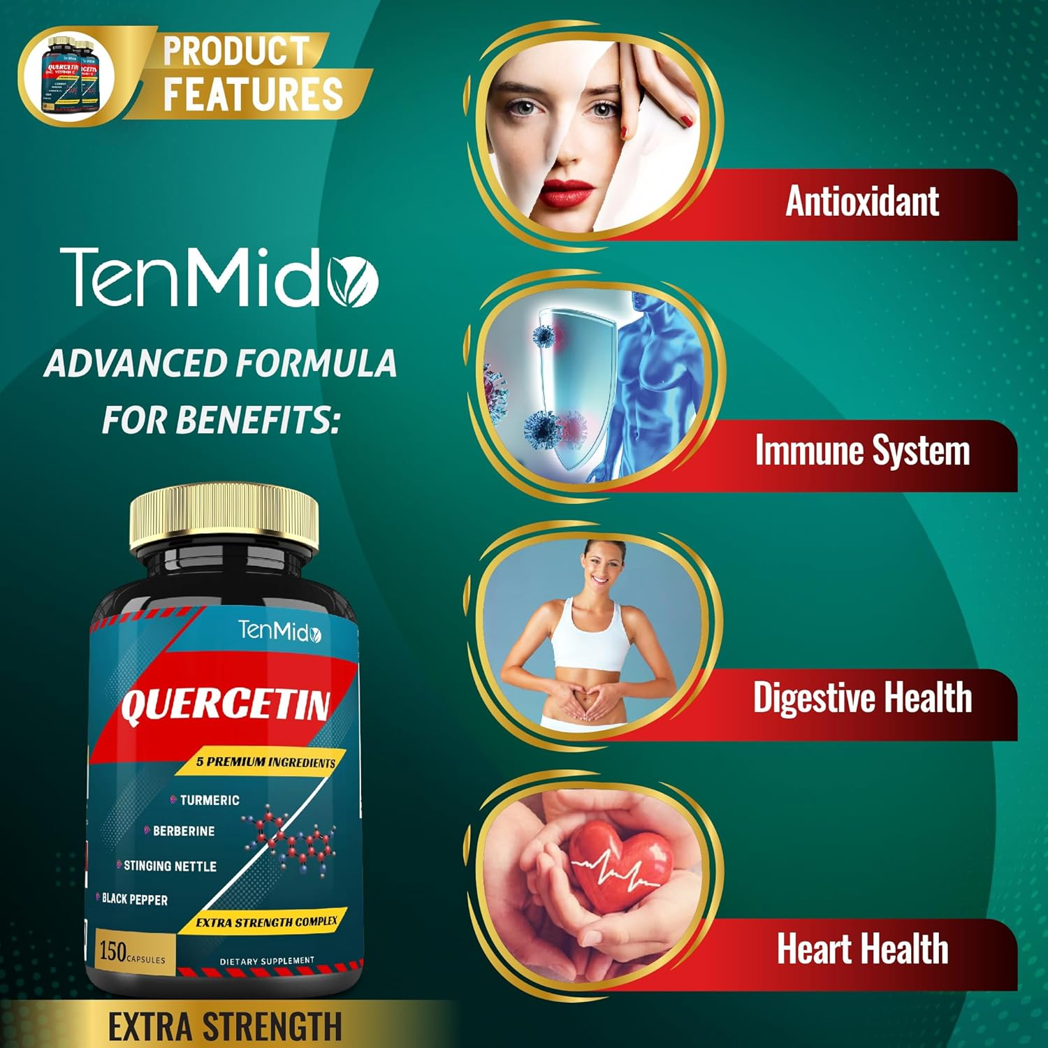 Quercetin Capsules 3550Mg, 5 Months Supply & Berberine, Stinging Nettle, Turmeric, Black Pepper | Promotes Cardiovascular, Respiratory Health, Supports Immune | Powerful Antioxidant, anti Inflammatory image number 4