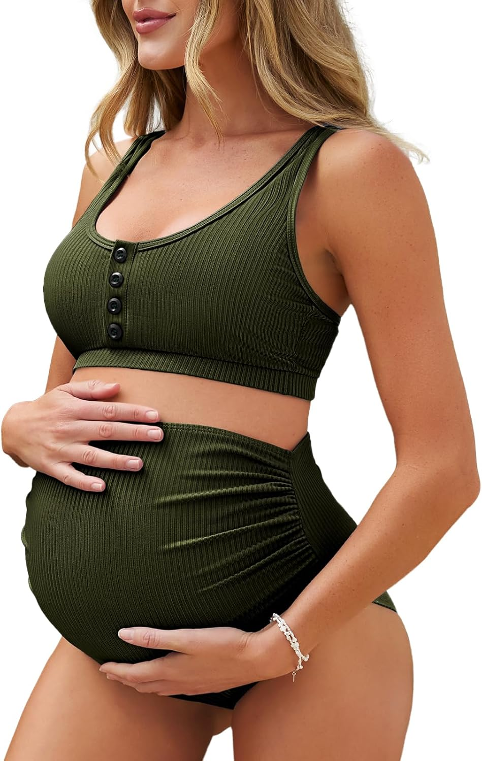 Maternity High Waist Bikini Swimsuit Two Piece Ruffled Hem Cute Floral Bathing Suit