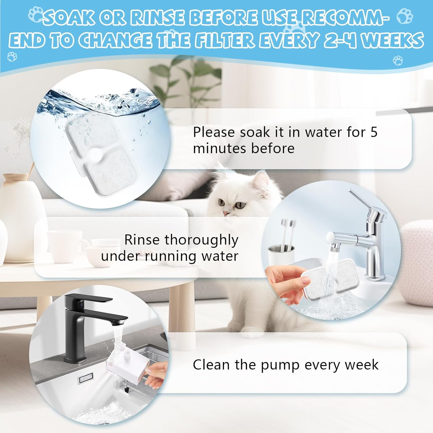 10 Pack Cat Water Fountain Filter Replacement, Compatible with PETLIBRO Dockstream 2.5L/84Oz Cat Water Fountain PLWF005/PLWF105/PLWF115/PLWF305, Quiet Cat Fountain Filters with 10 Pre-Filter Sponges image number 2