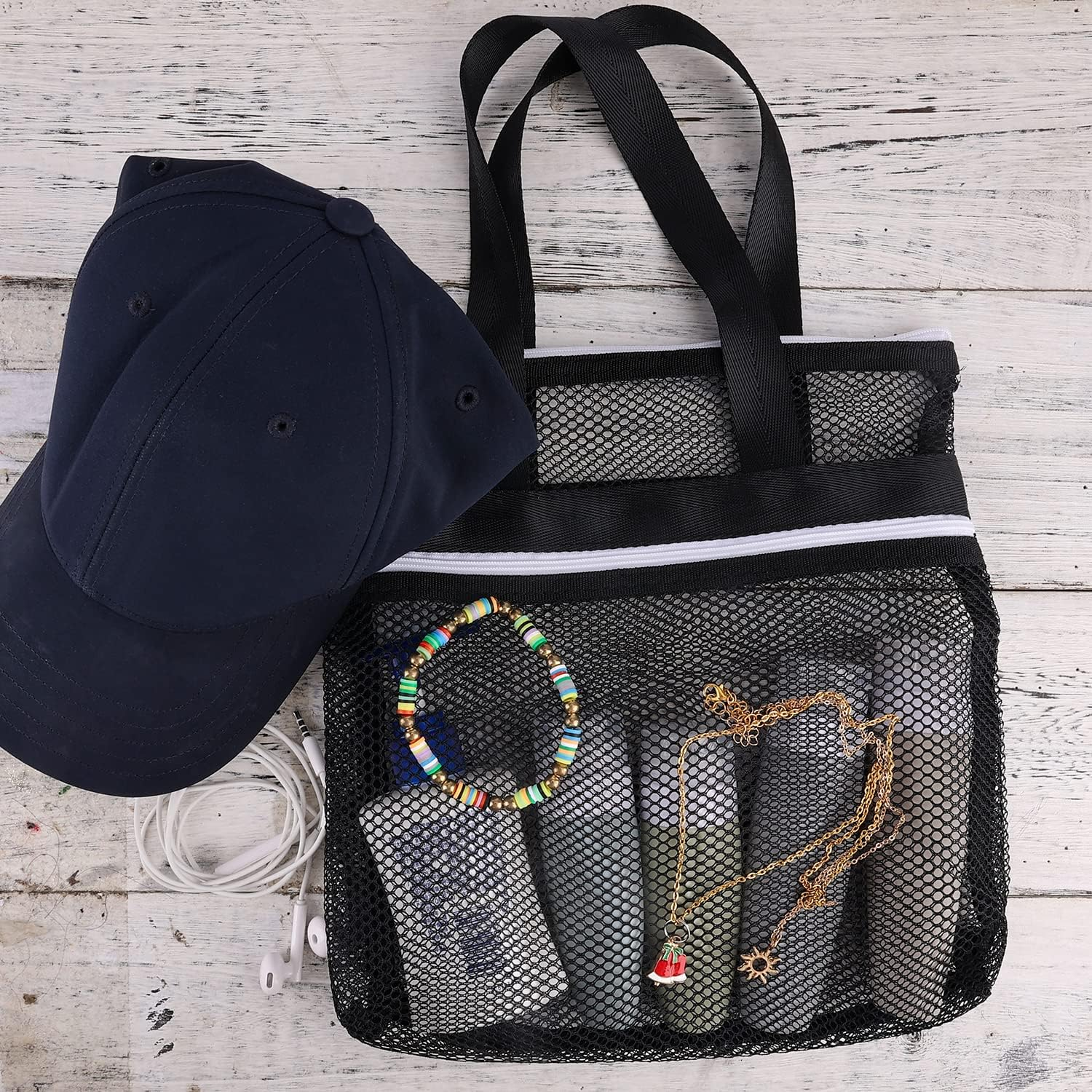 Mesh Zippered Shower Bag, Polyester Large Shower Tote Bag Portable Bath Caddy Organizer with Handle and 2 Storage Pockets Quickly Dry Shower Bag for Dorm Room Gym Camping (Black) image number 2