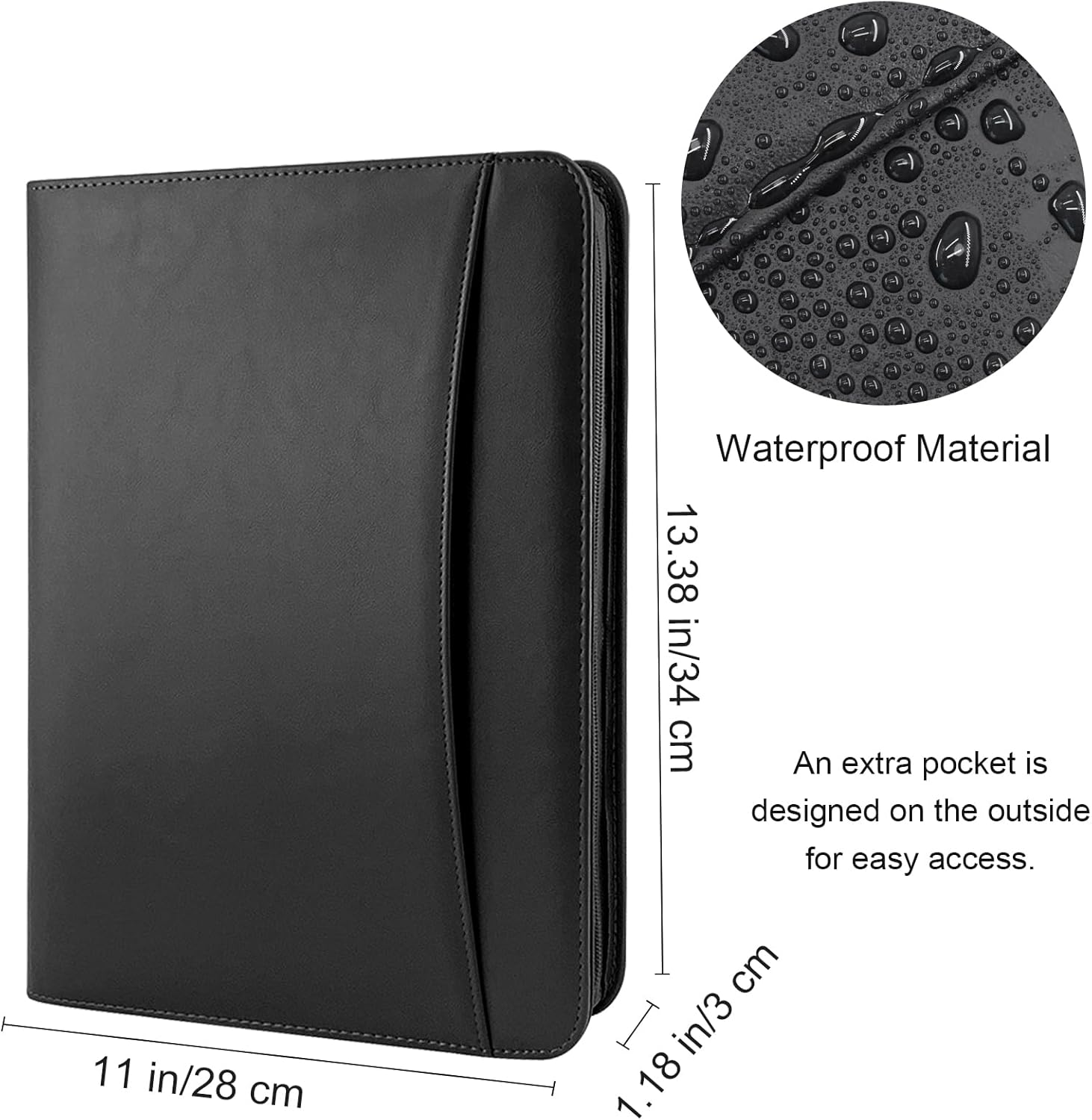 VANRA Zippered Padfolio for Men Leather Portfolio for Women Binder Organizer Interview Resume Folder for Papers Document Holder Planner Binder A4 Letter Size with Notepad (Black) image number 2