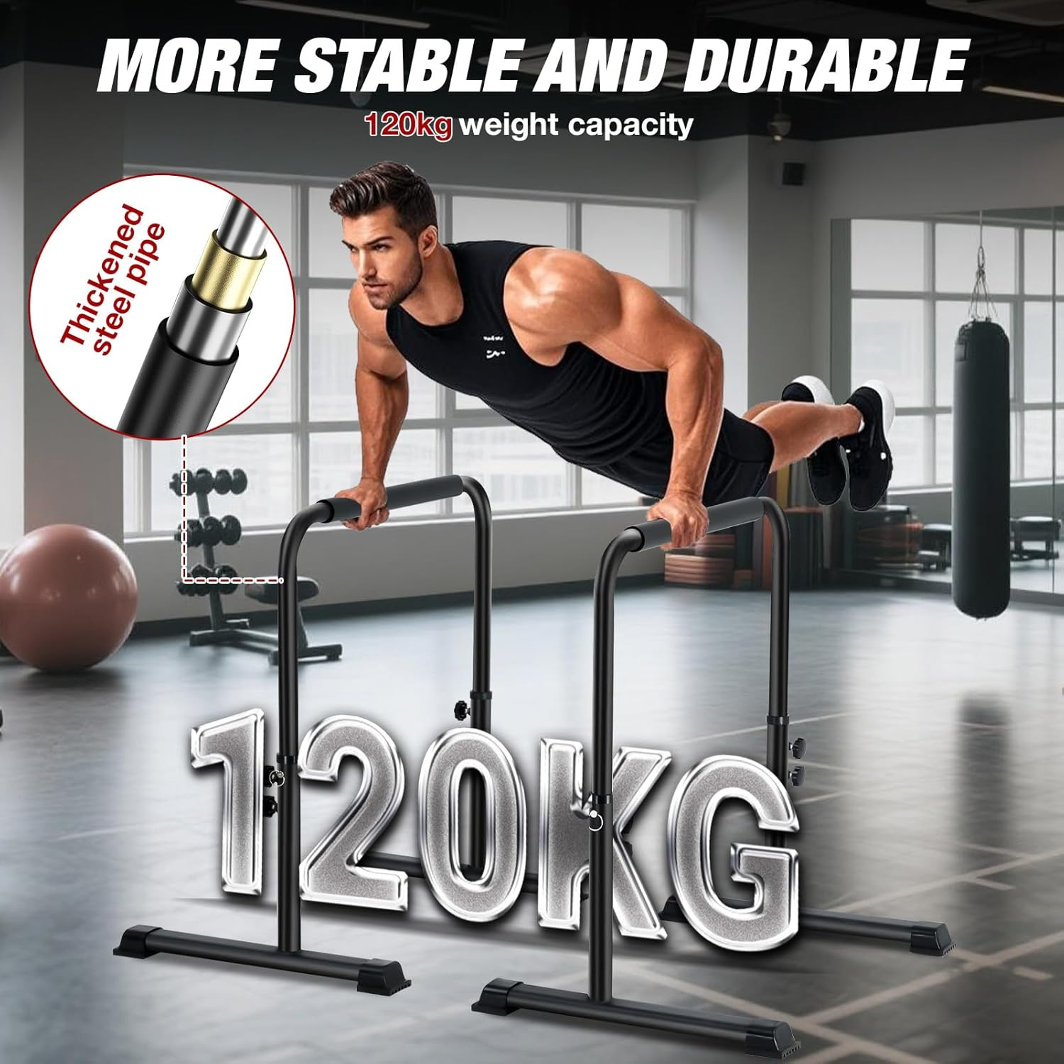 Advwin Dip Bar, 78-99Cm Height Adjustable Dip Station for Full Body Strength Training, Home Gym Workout Station for Push-Ups, L-Sits, Pull-Ups & Core Exercise &ndash; 120Kg Capacity image number 5